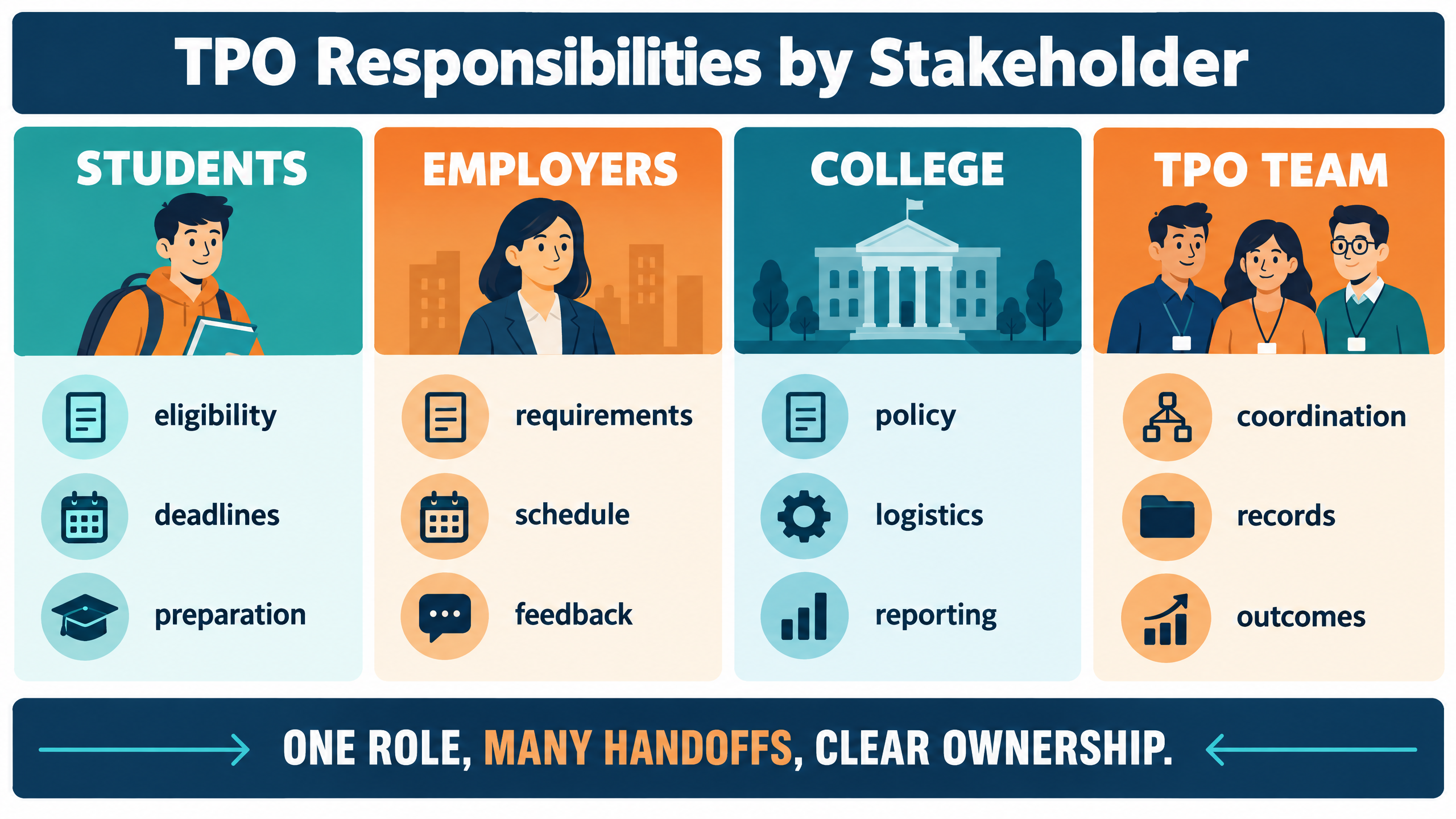 TPO responsibilities by stakeholder showing students, employers, college, and TPO team