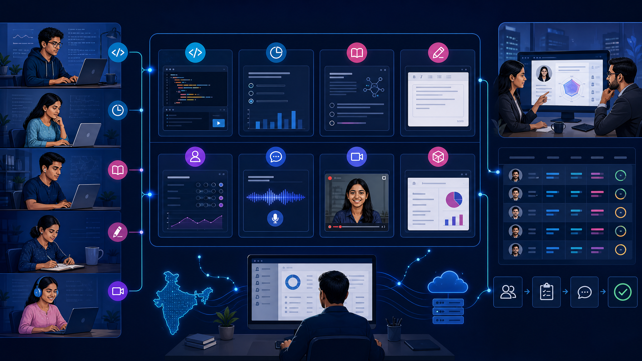 Online assessment platform in India with coding, aptitude, domain, descriptive, psychometric, and video assessment modules