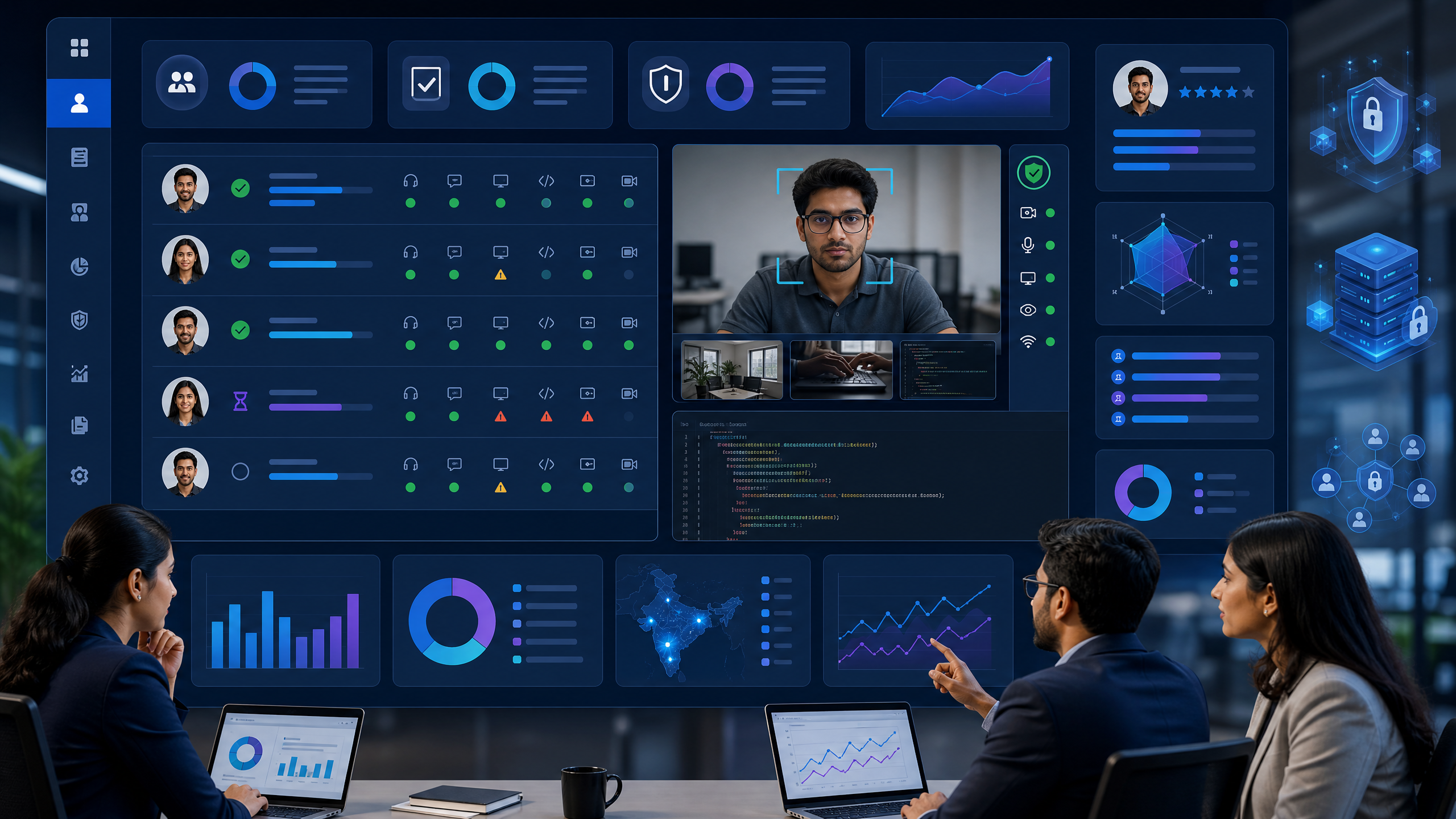 Online assessment platform in India dashboard showing candidate completion, proctoring signals, coding results, scorecards, reports, and hiring analytics