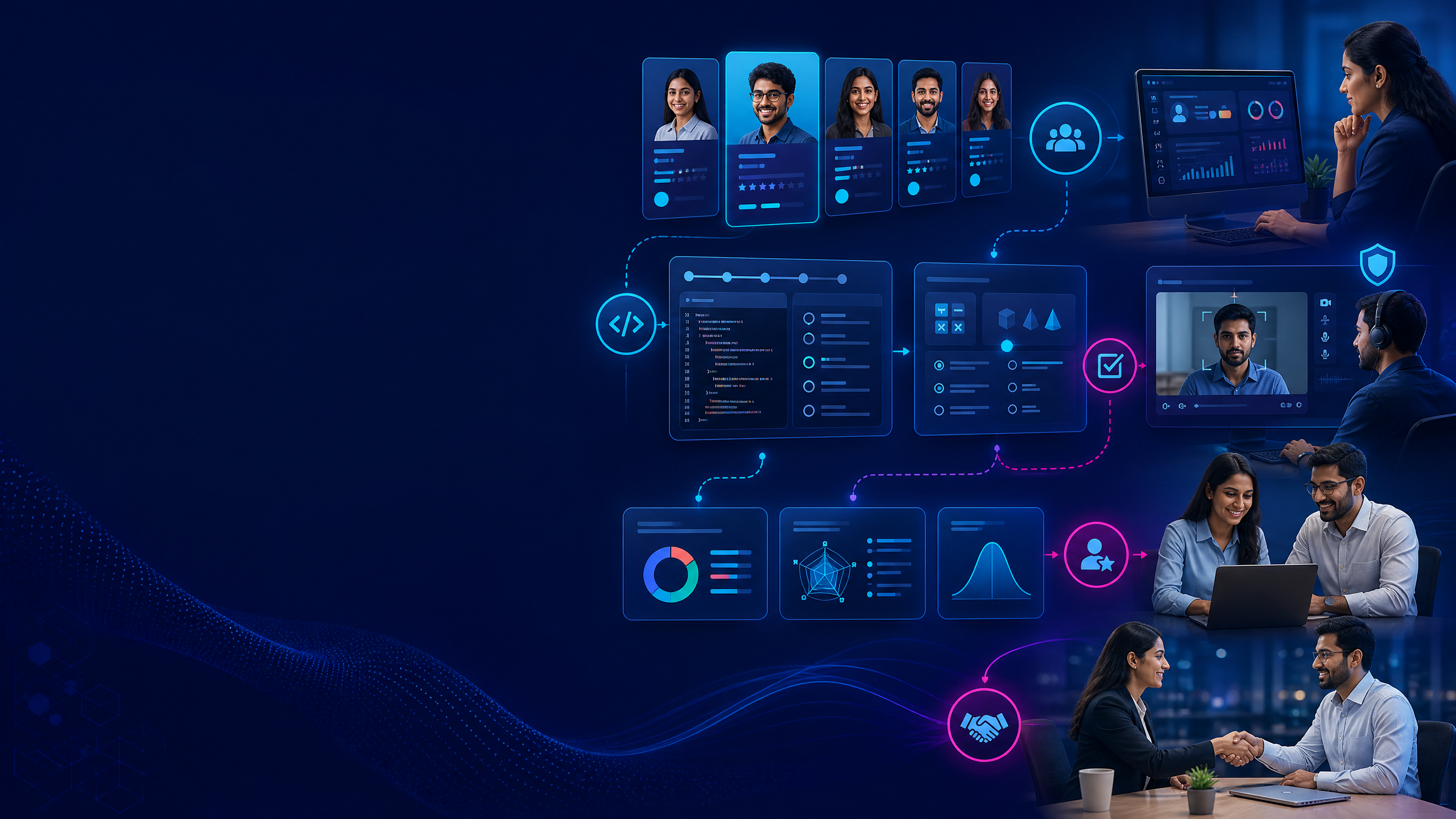 Online assessment platform in India showing recruiters, candidates, coding tests, proctoring, skill reports, and hiring decisions