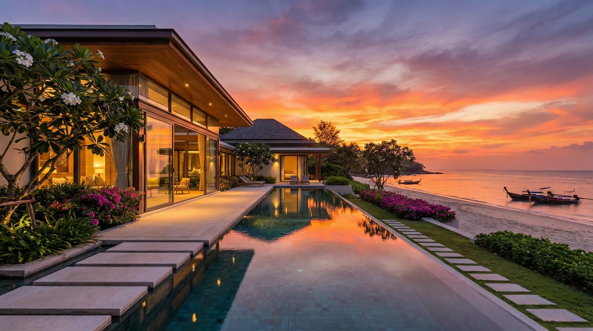 Luxury beachfront villa at sunset in Phuket