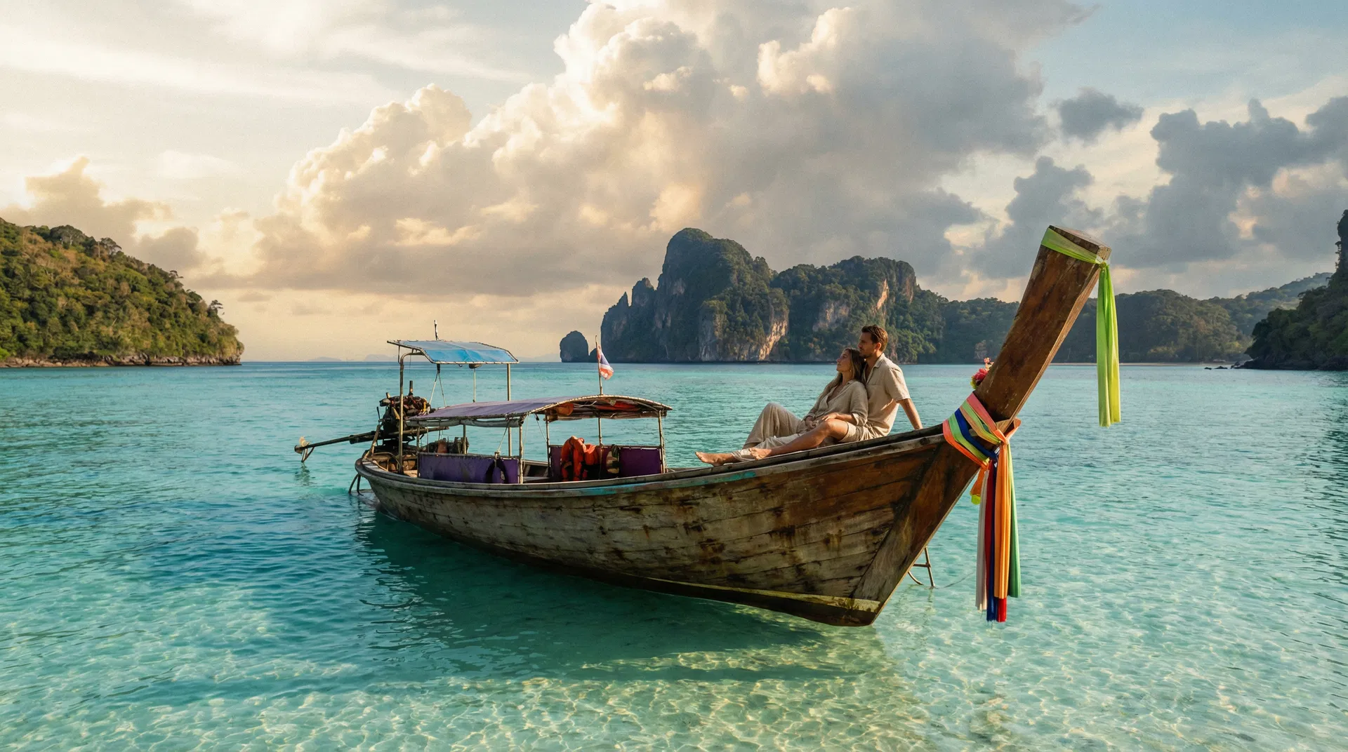 Couple enjoying a longtail boat ride in Phuket's crystal clear waters