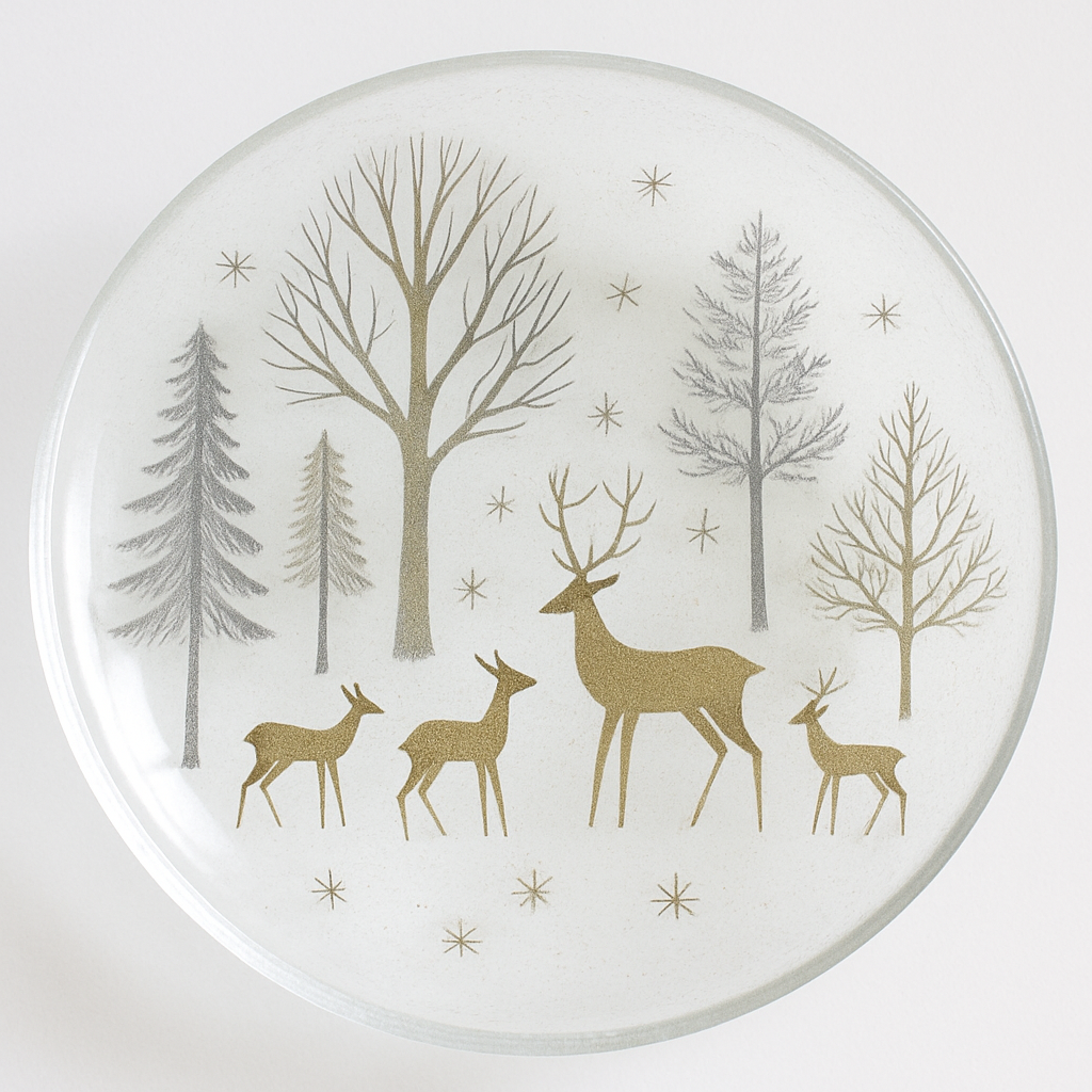Prato de vidro com decoupage natalina elegante - tema 'Floresta Encantada'