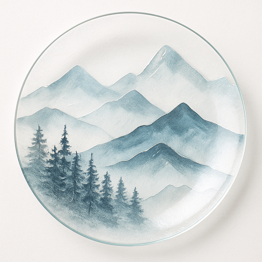 Prato de vidro com decoupage natalina elegante - tema 'Paisagem Nórdica Abstrata'