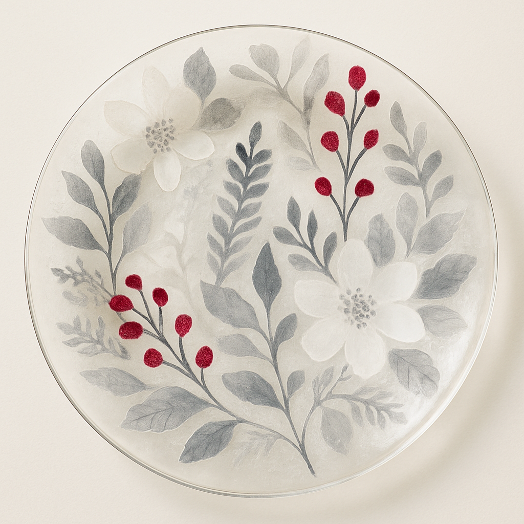 Prato de vidro com decoupage natalina elegante - tema 'Flora Invernal Abstrata'