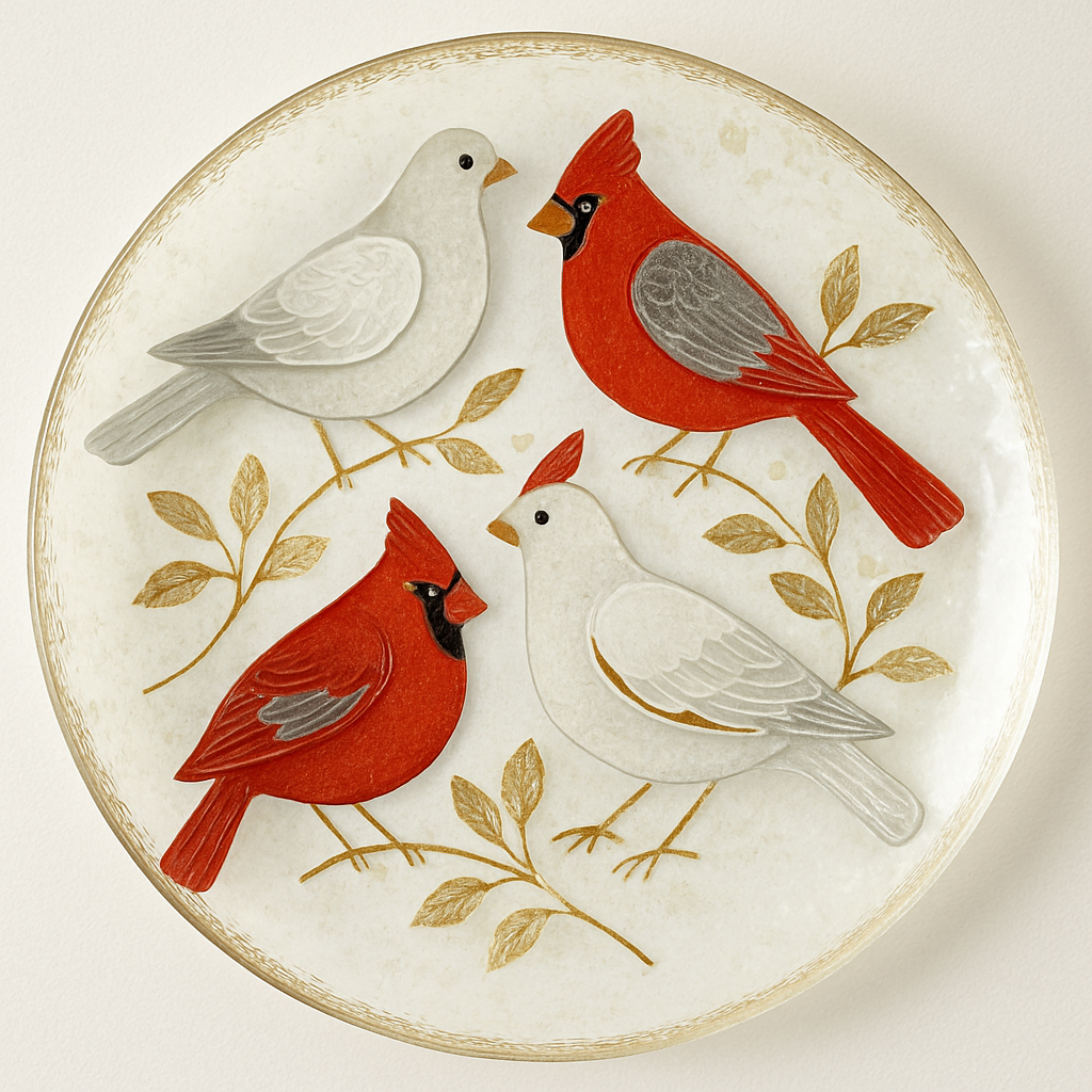 Prato de vidro com decoupage natalina elegante - tema 'Pássaros de Inverno'