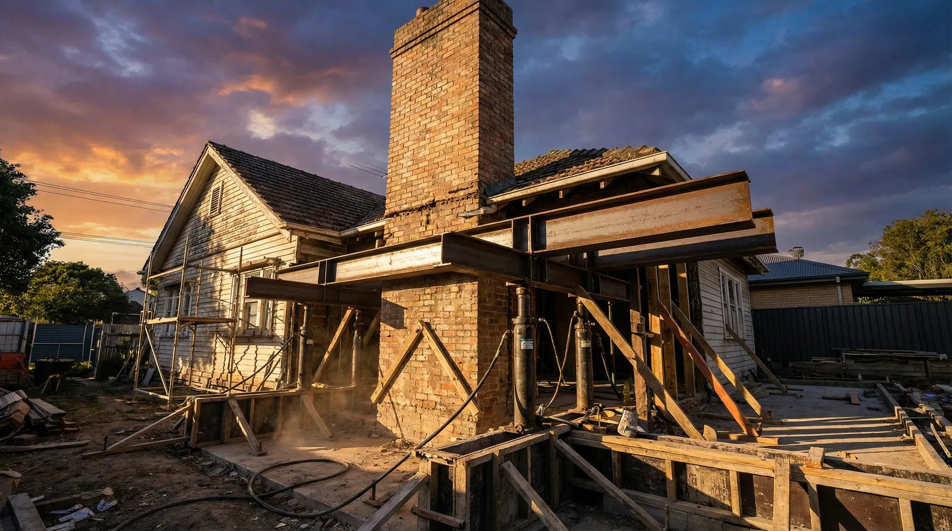 Complex structural repair with custom steel beams and hydraulic jacks