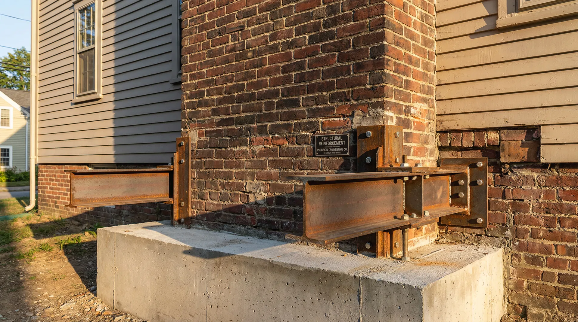 Custom steel beam reinforcement on brick chimney foundation