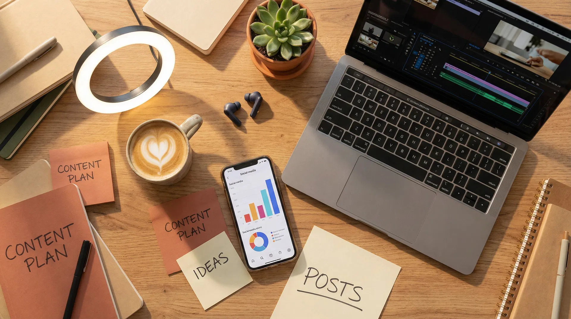 Digital marketing workspace with content planning tools, analytics, and creative materials