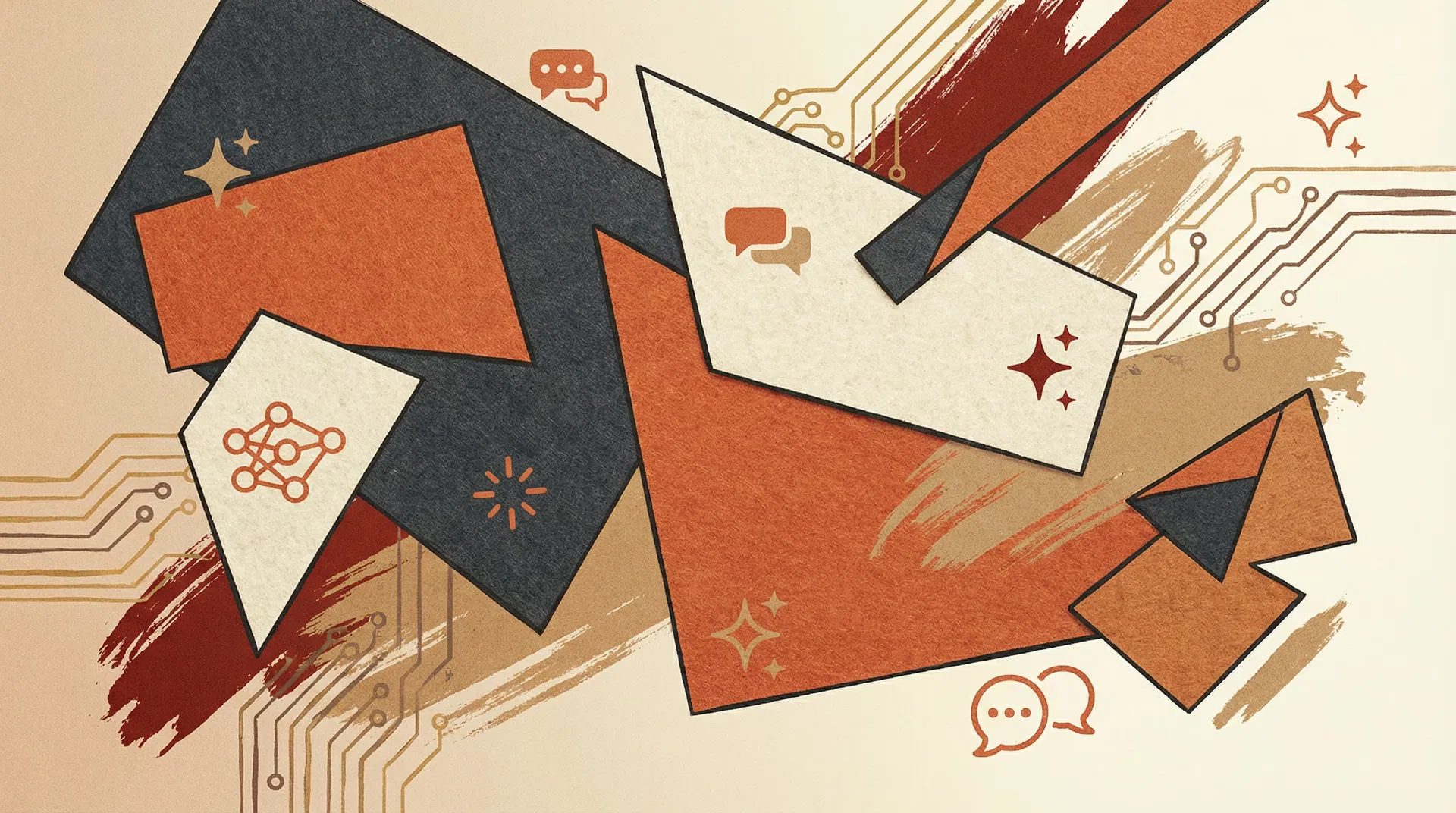 Abstract representation of AI-powered content creation with geometric shapes and circuit patterns