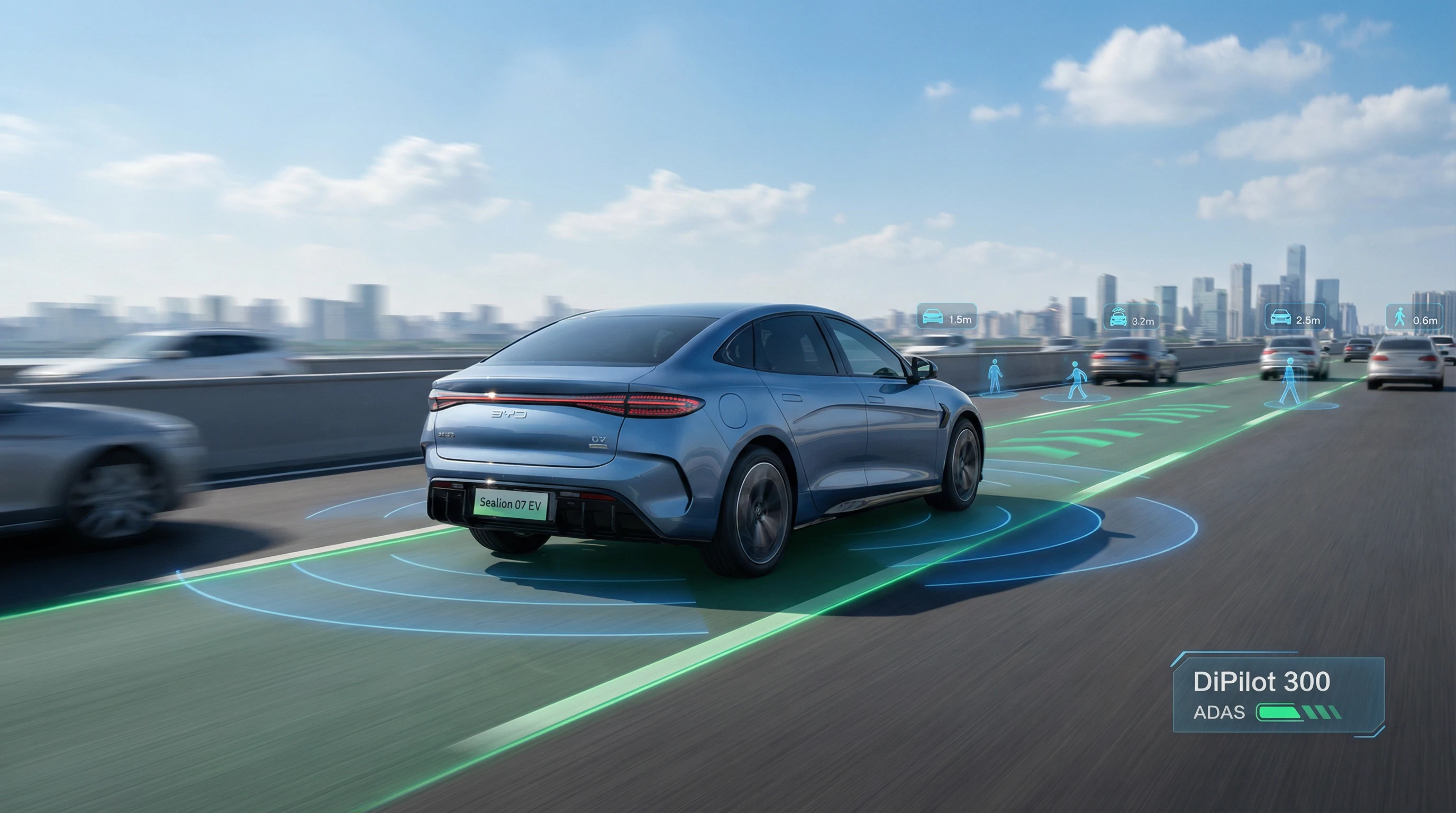 BYD Sealion 07 EV DiPilot 300 ADAS system visualizing lane detection and obstacle recognition