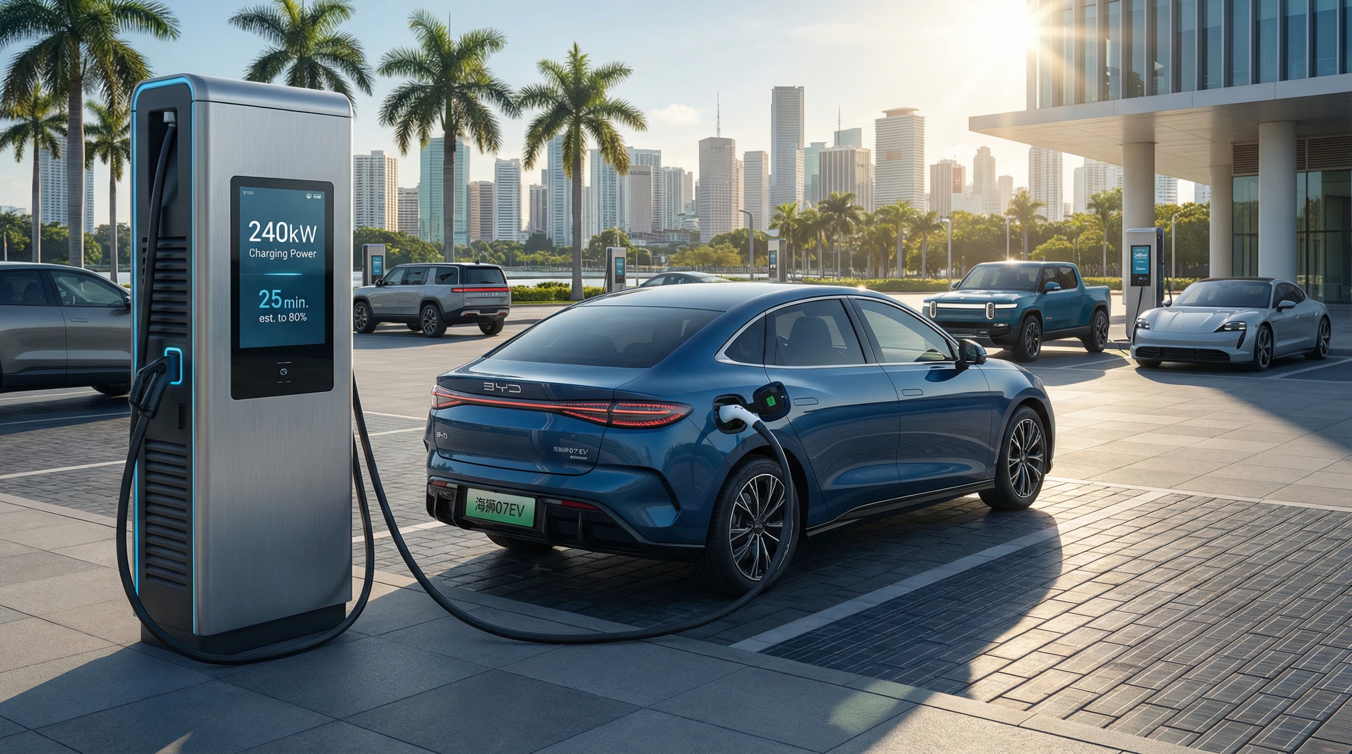 BYD Sealion 07 EV charging at a 240kW DC fast charger in a South American city