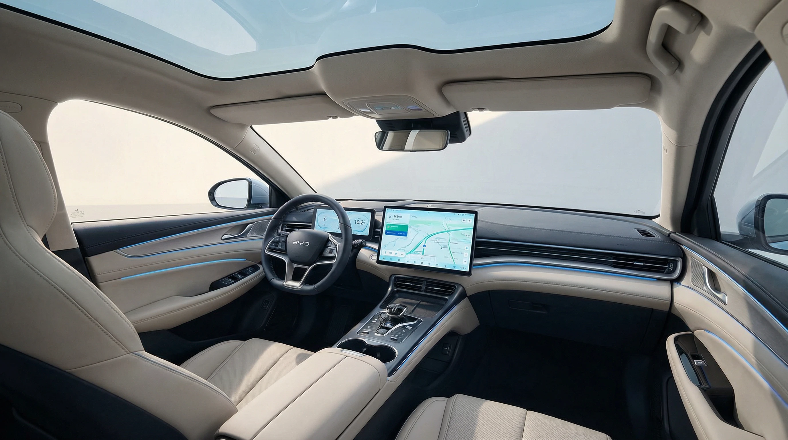 BYD Sealion 07 EV interior with 15.6-inch touchscreen and panoramic roof