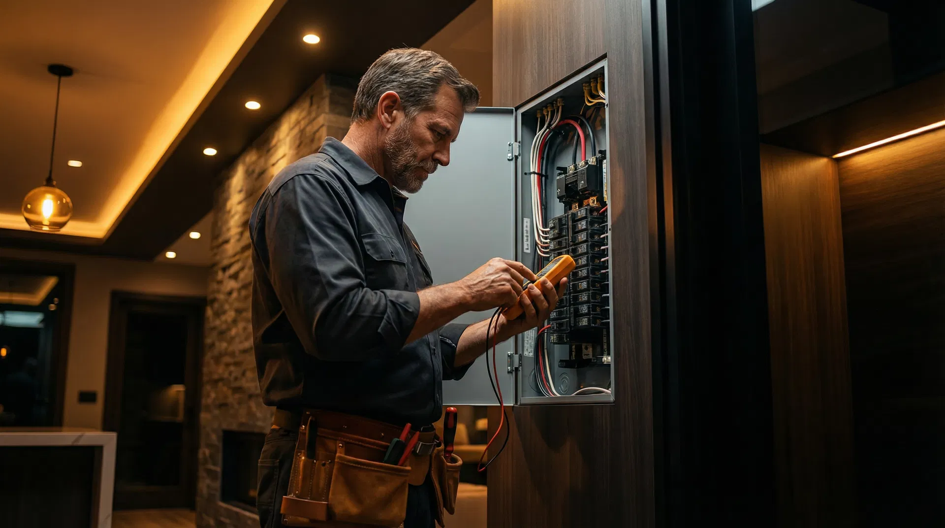 Master electrician working on electrical panel