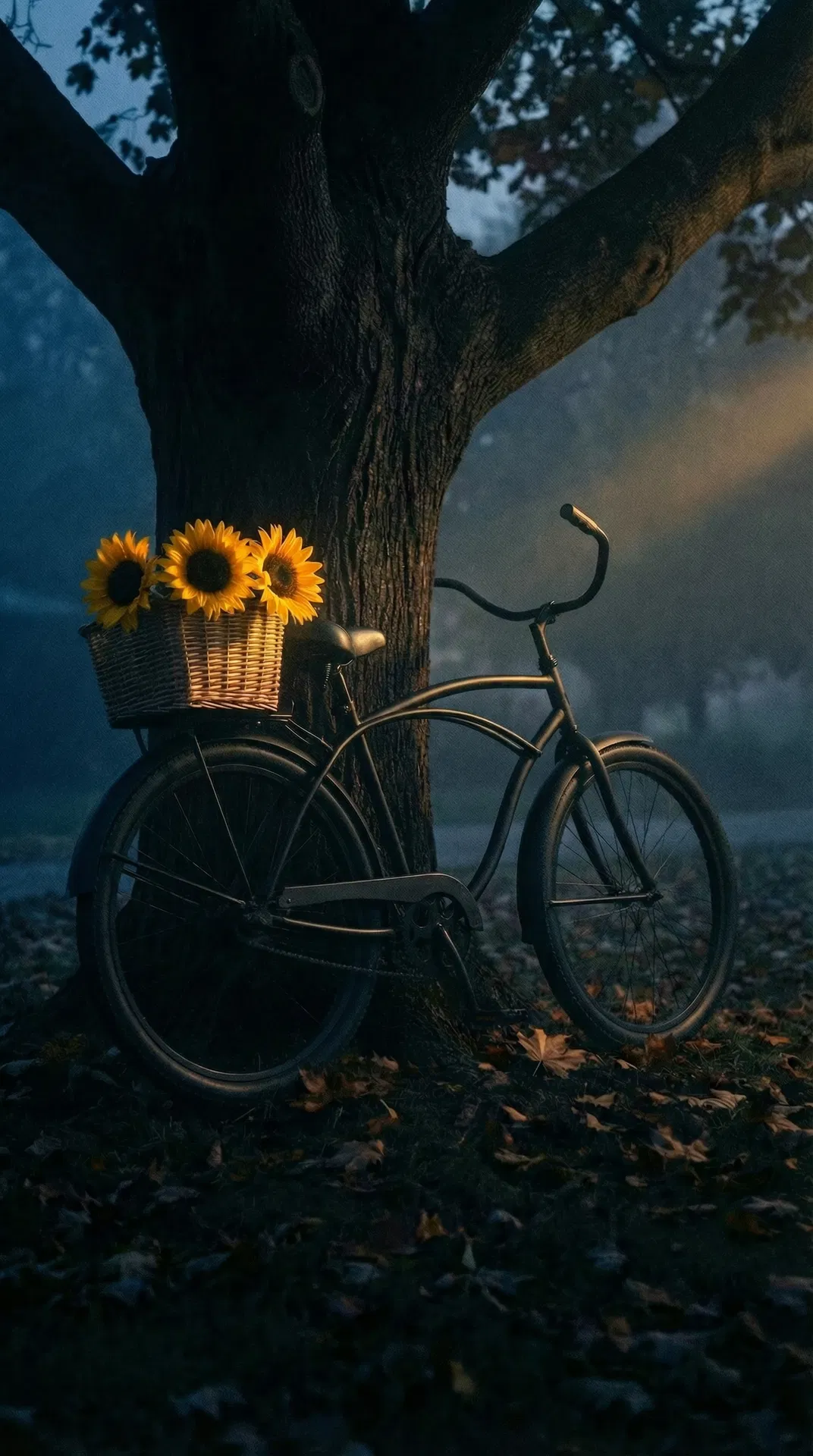 The black bicycle leaning against the maple tree