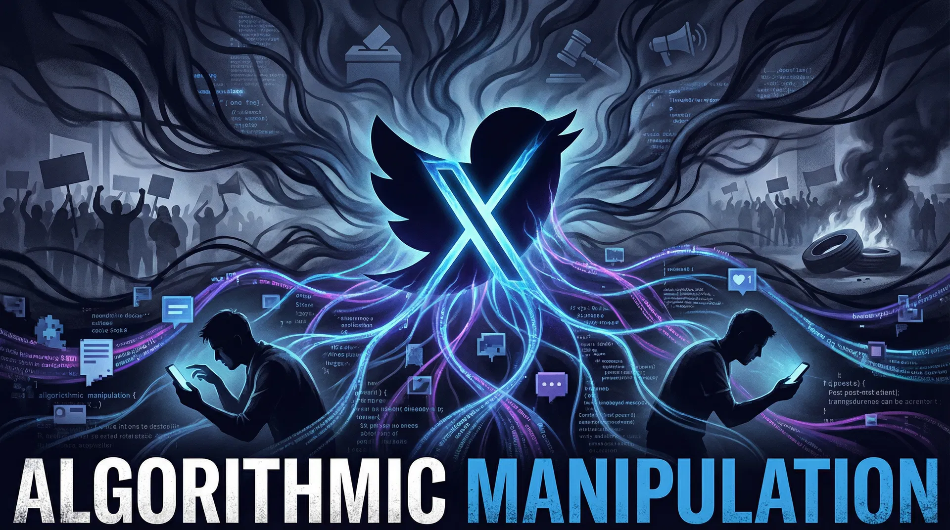 X (Twitter) Algorithmic Manipulation - Dramatic illustration showing the X logo surrounded by data streams and silhouettes trapped in algorithmic web