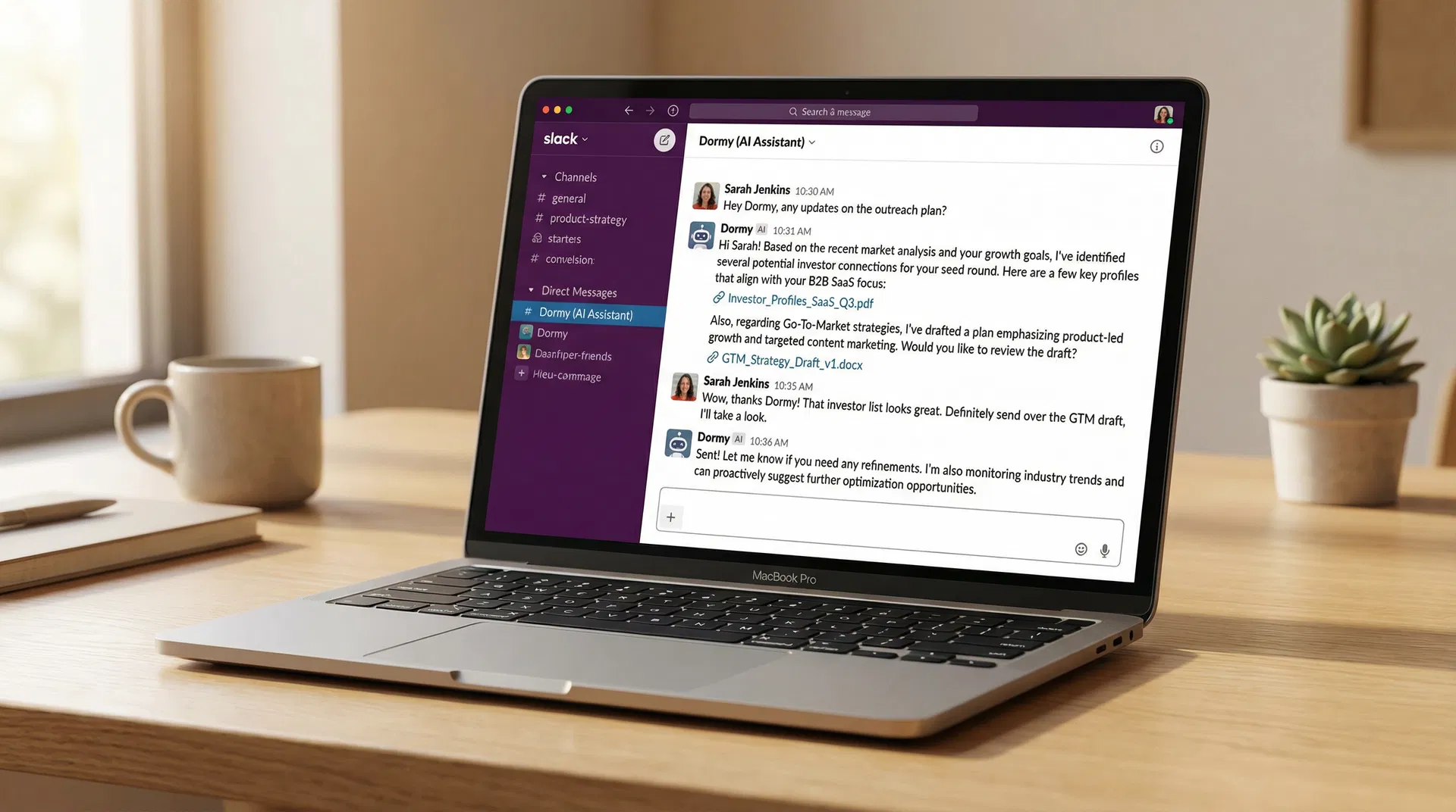 Dormy AI assistant in Slack - proactively finding investors and GTM strategies