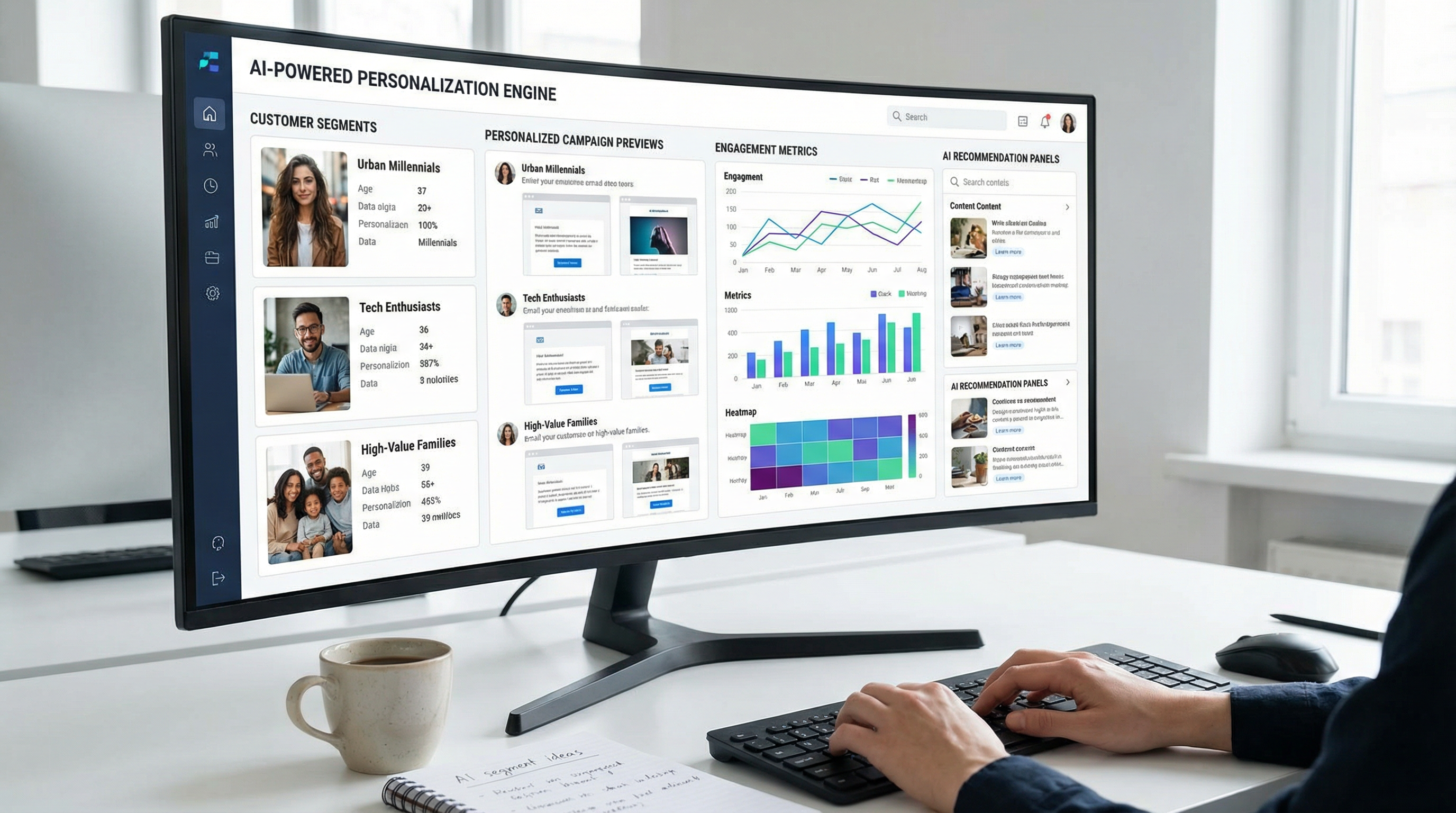 An AI-powered personalization engine dashboard showing customer segments and campaign previews. An AI-powered personalization engine dashboard showing customer segments and campaign previews.