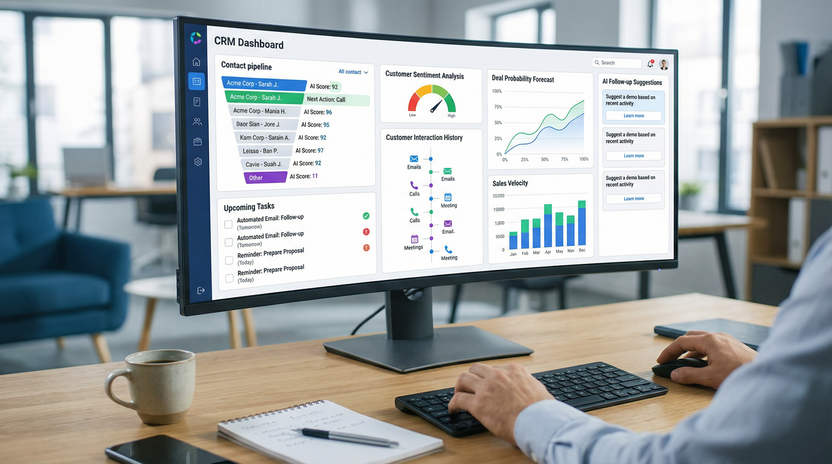 A modern CRM dashboard with AI-powered insights and deal probability forecasts. A modern CRM dashboard with AI-powered insights and deal probability forecasts.