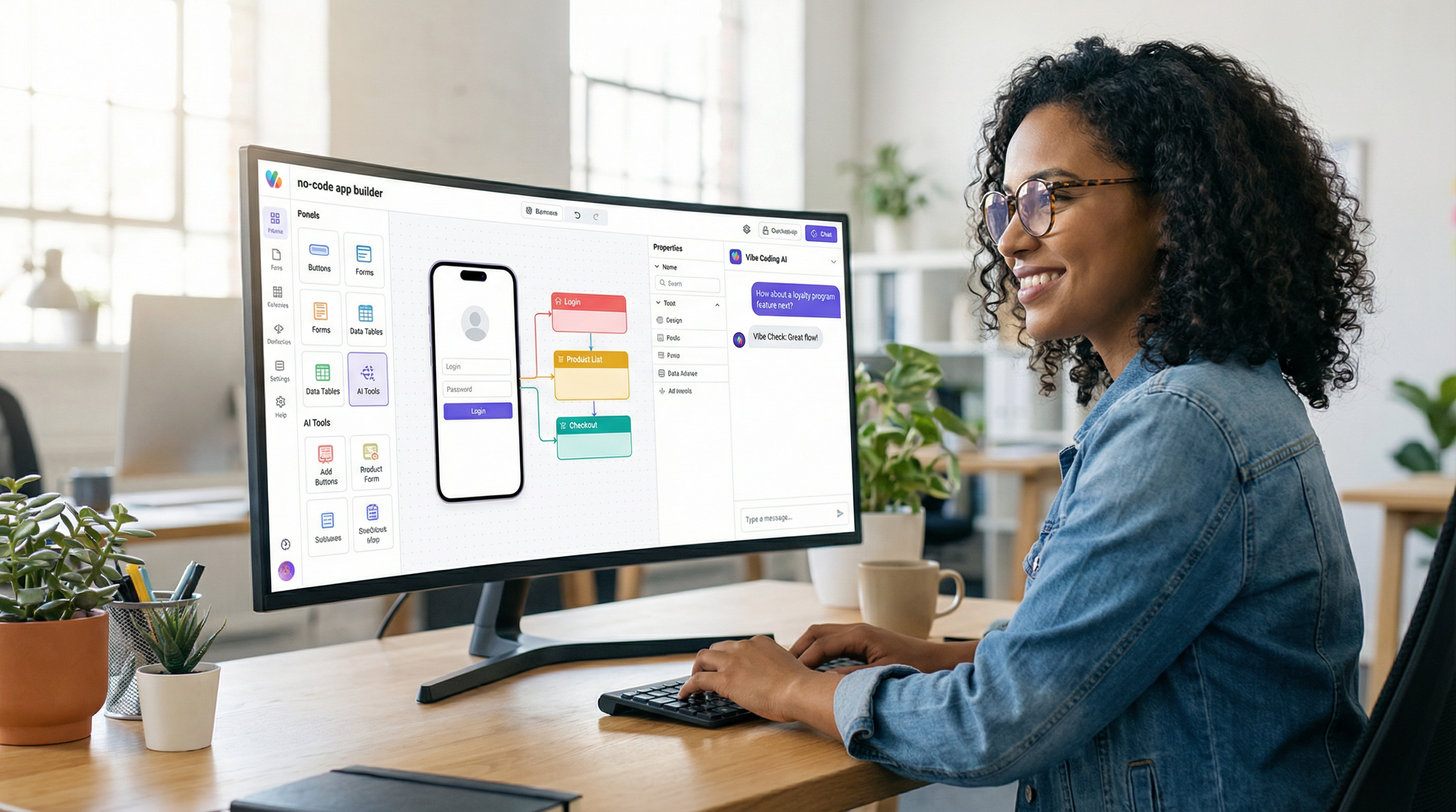 A business owner using a no-code app builder to create a mobile application. A business owner using a no-code app builder to create a mobile application.