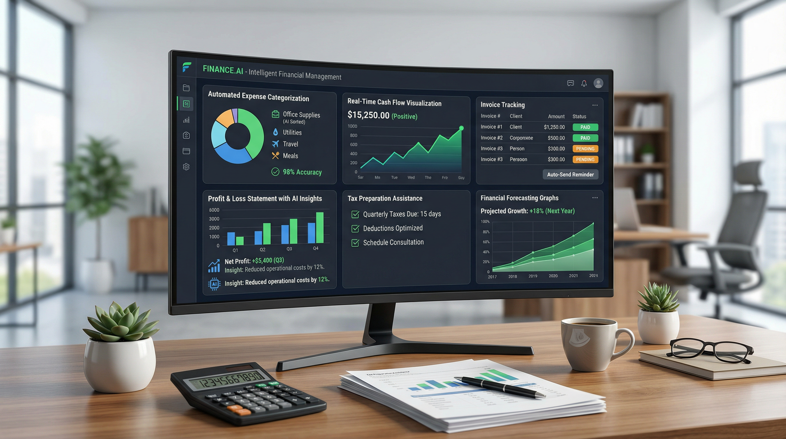 An AI-powered financial management dashboard showing automated expense tracking and cash flow visualization. An AI-powered financial management dashboard showing automated expense tracking and cash flow visualization.