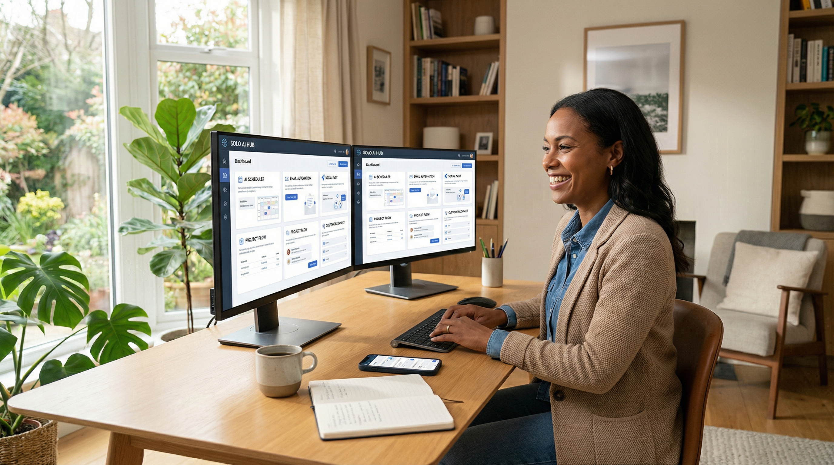 A confident solopreneur working in a home office with multiple AI tools on their screens. A confident solopreneur working in a home office with multiple AI tools on their screens.