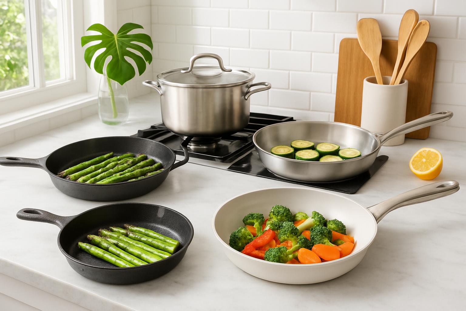 A bright, clean kitchen scene showcasing a variety of non-toxic pans cooking healthy vegetables