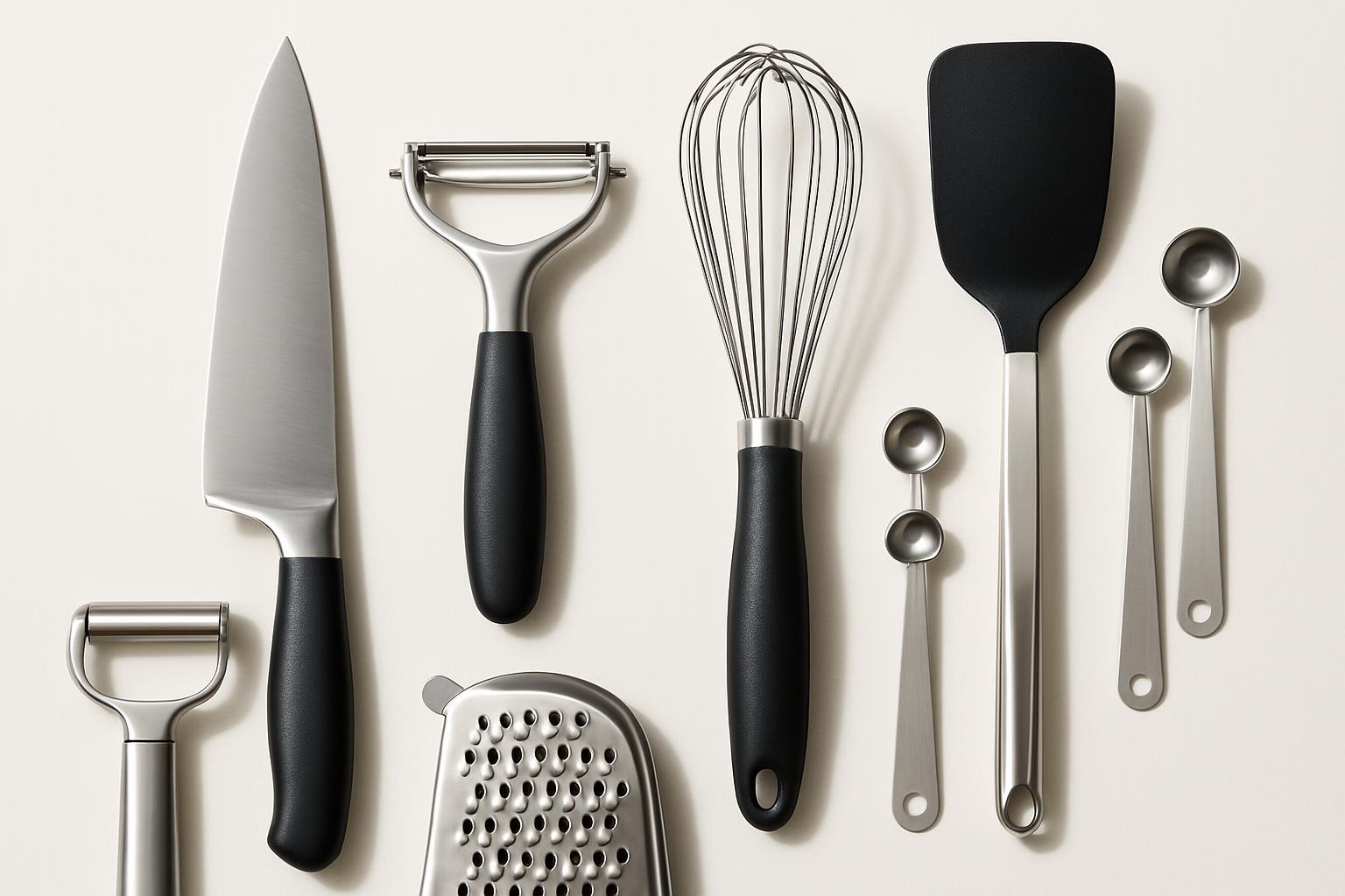A flat lay composition of various well-organized, high-quality kitchen tools