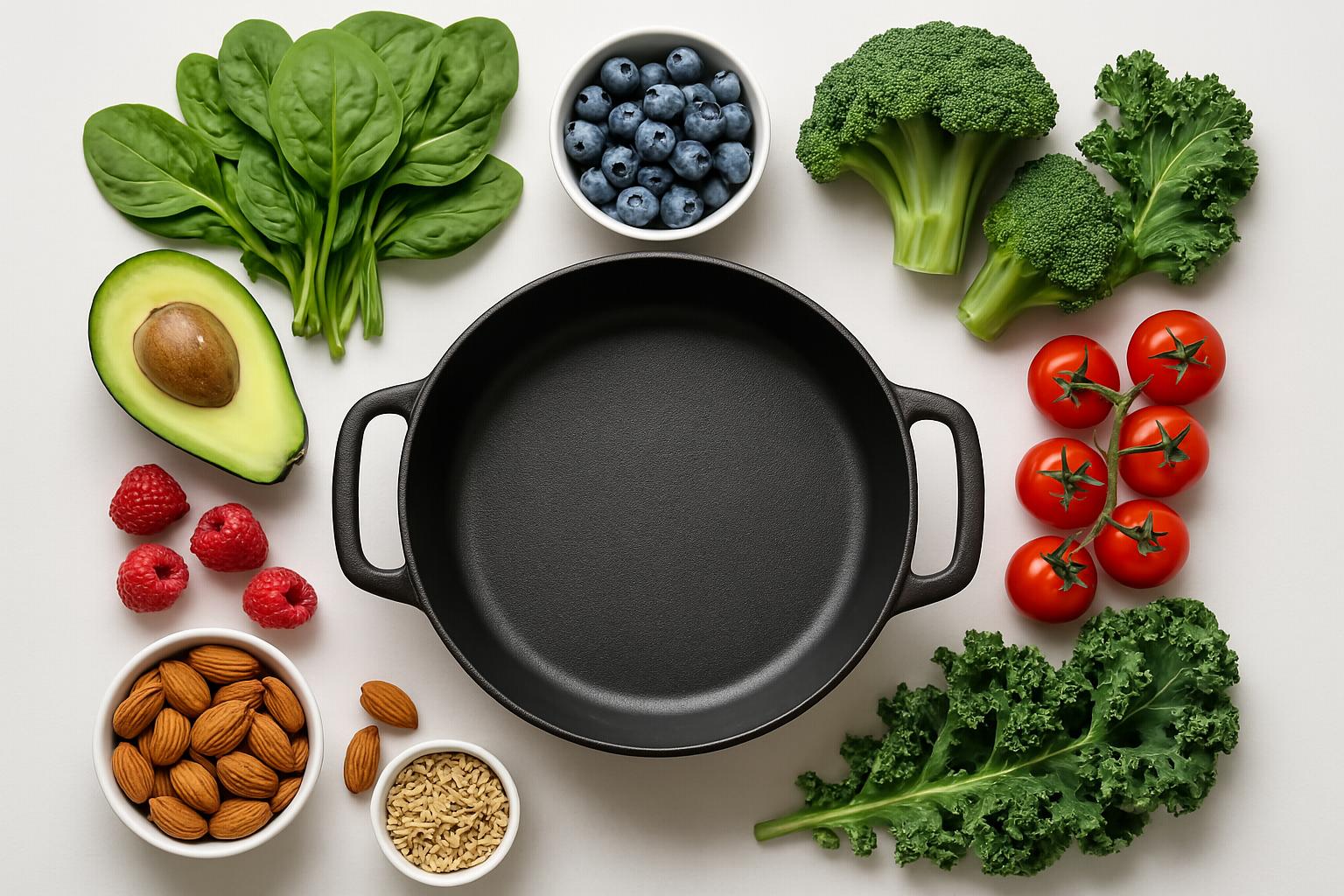 A flat lay of fresh, colorful ingredients arranged around a high-quality pot