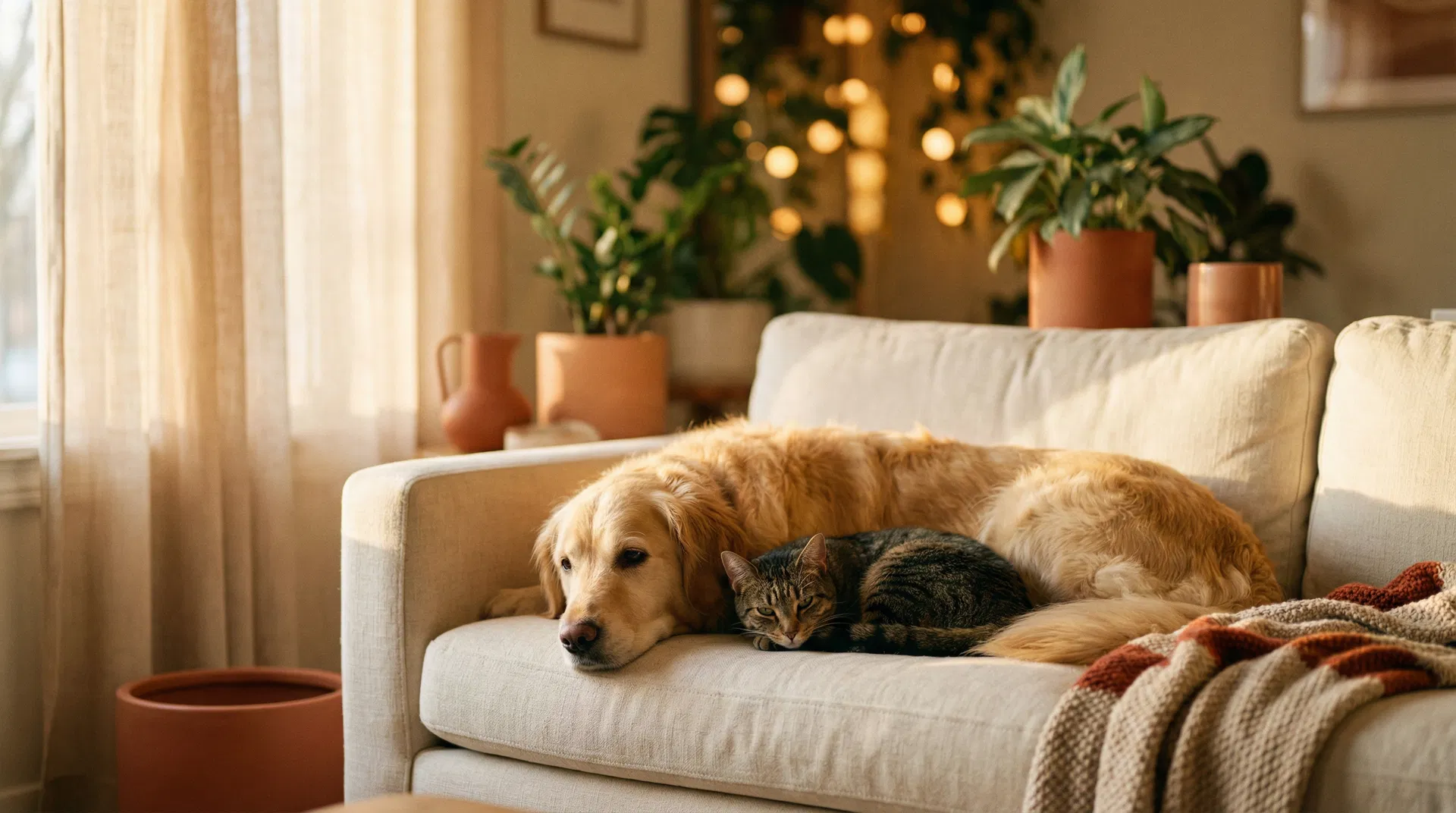 A golden retriever and cat relaxing together on a cozy sofa