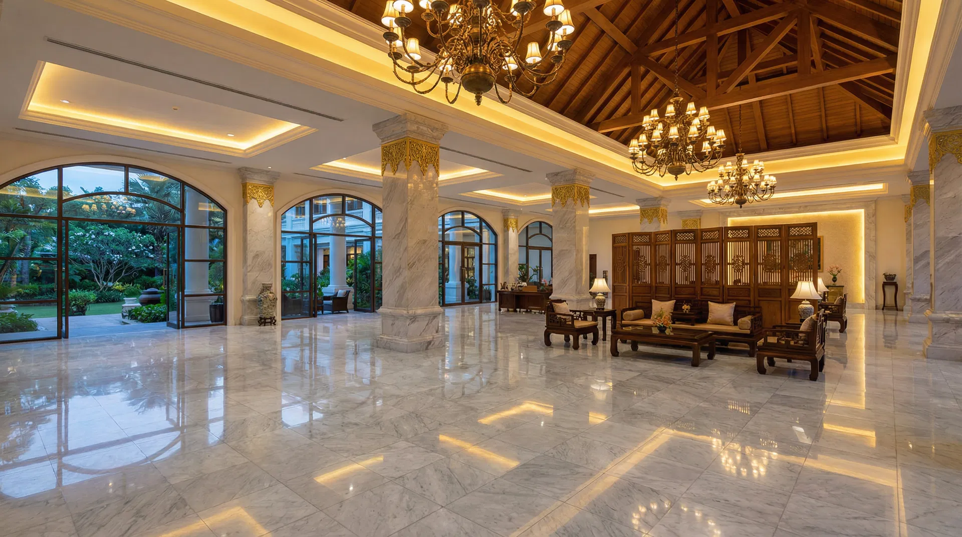 ล็อบบี้โรงแรมหรู — หินอ่อนขาวเทาสระบุรี