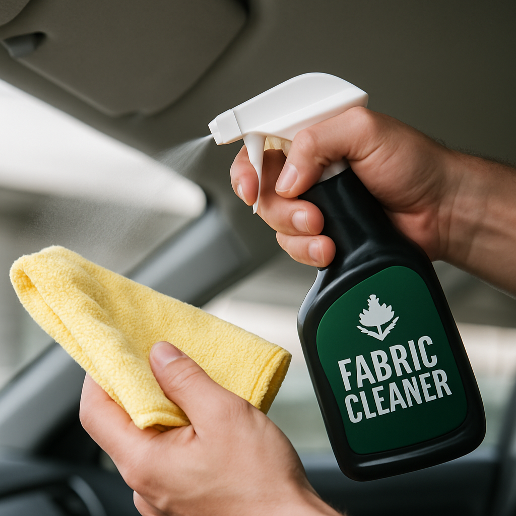 Application indirecte d'un produit nettoyant pour tissus automobiles sur un chiffon en microfibre avant de nettoyer le ciel de toit