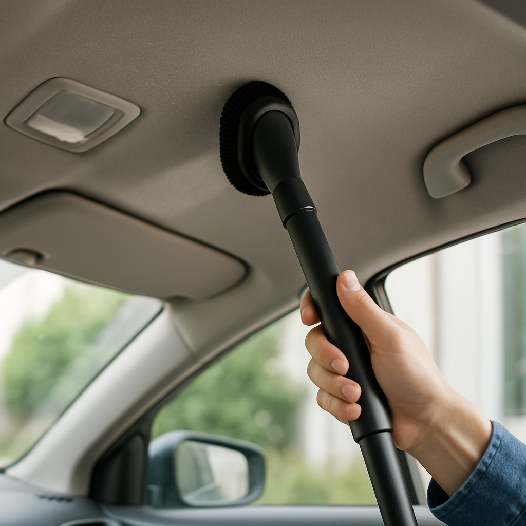 Préparation et aspiration du ciel de toit en tissu d'une voiture avec un aspirateur et un embout brosse souple
