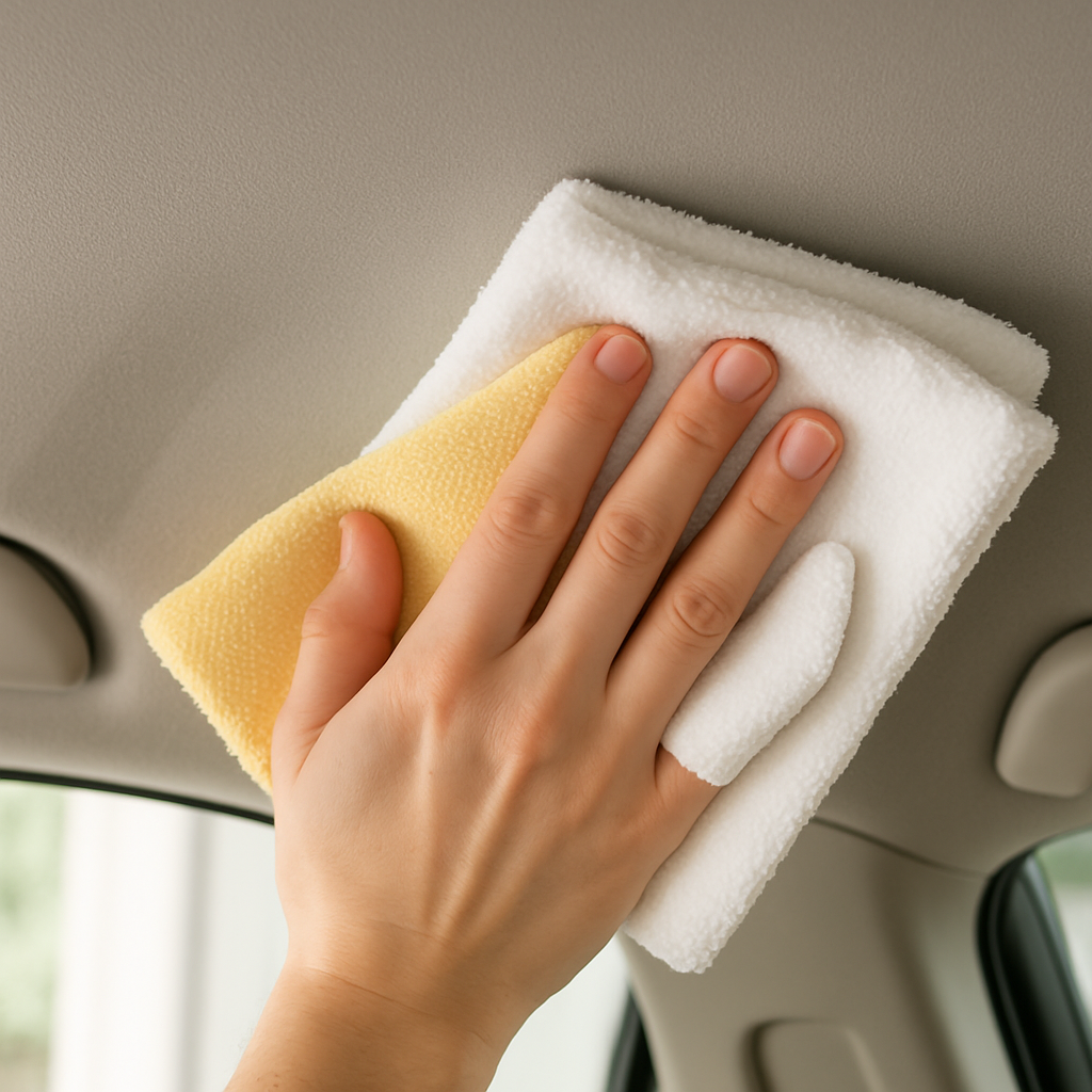 Rinçage et séchage du ciel de toit en tissu d'une voiture avec des chiffons microfibres propres.