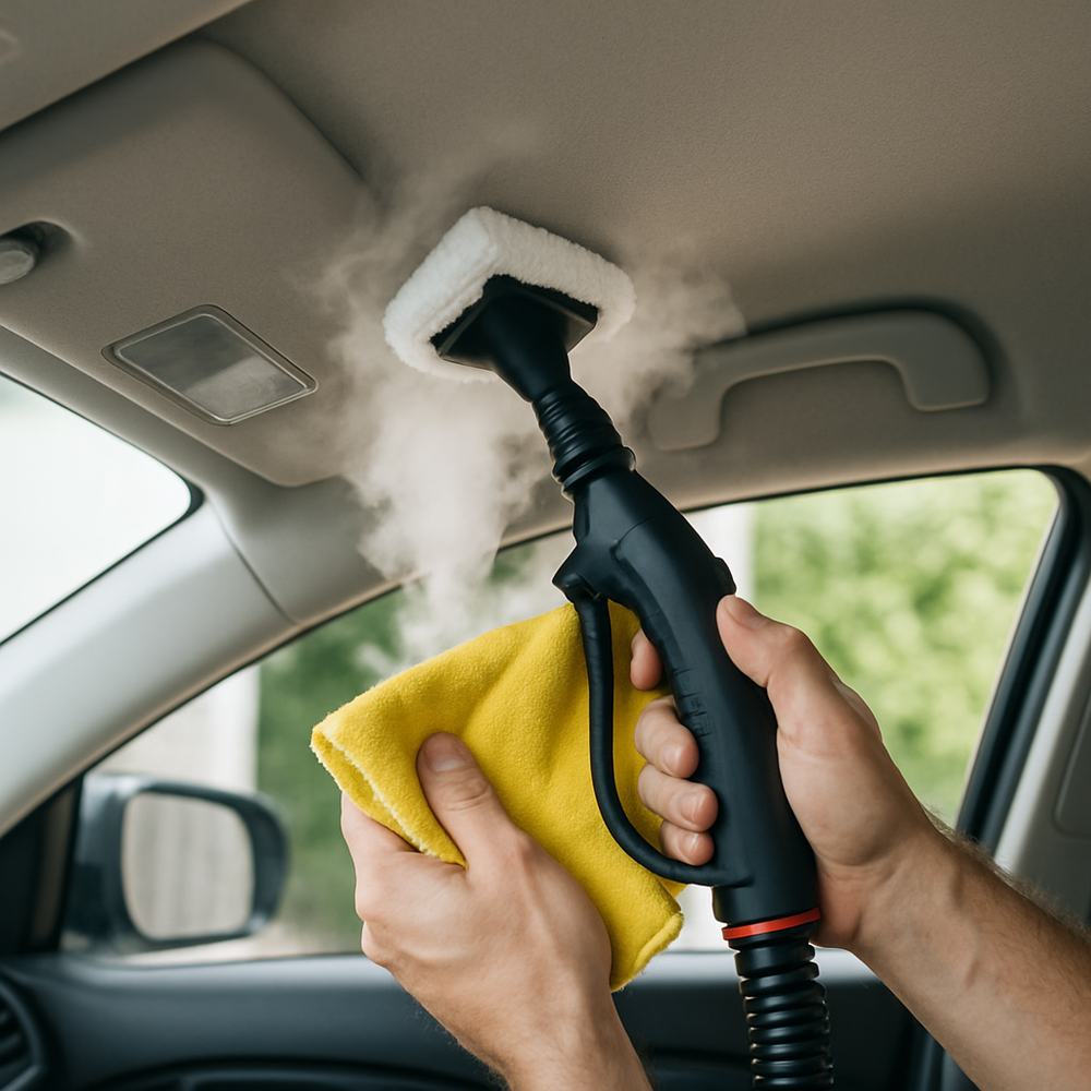 Nettoyage du ciel de toit en tissu d'une voiture à l'aide d'un nettoyeur vapeur pour une méthode alternative et en profondeur.