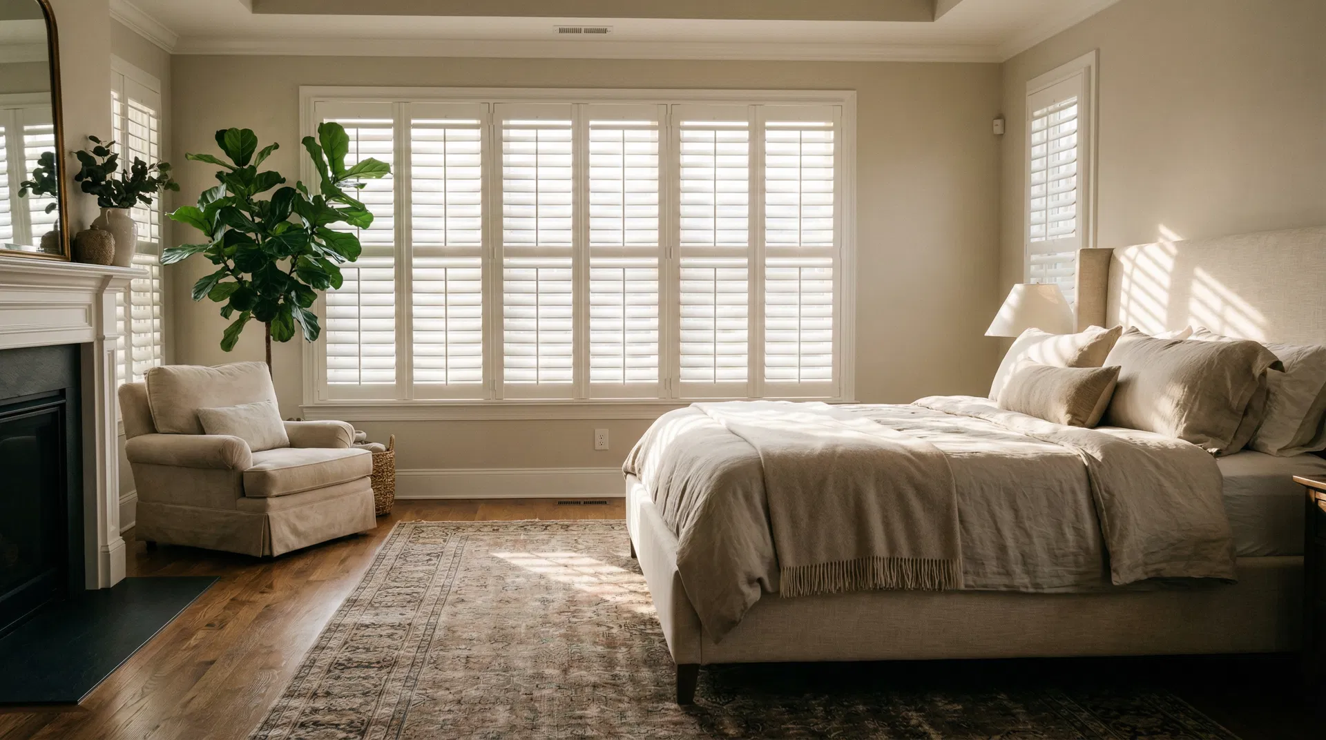 Hunter Douglas Palm Beach polysatin shutters in a Boise Idaho bedroom