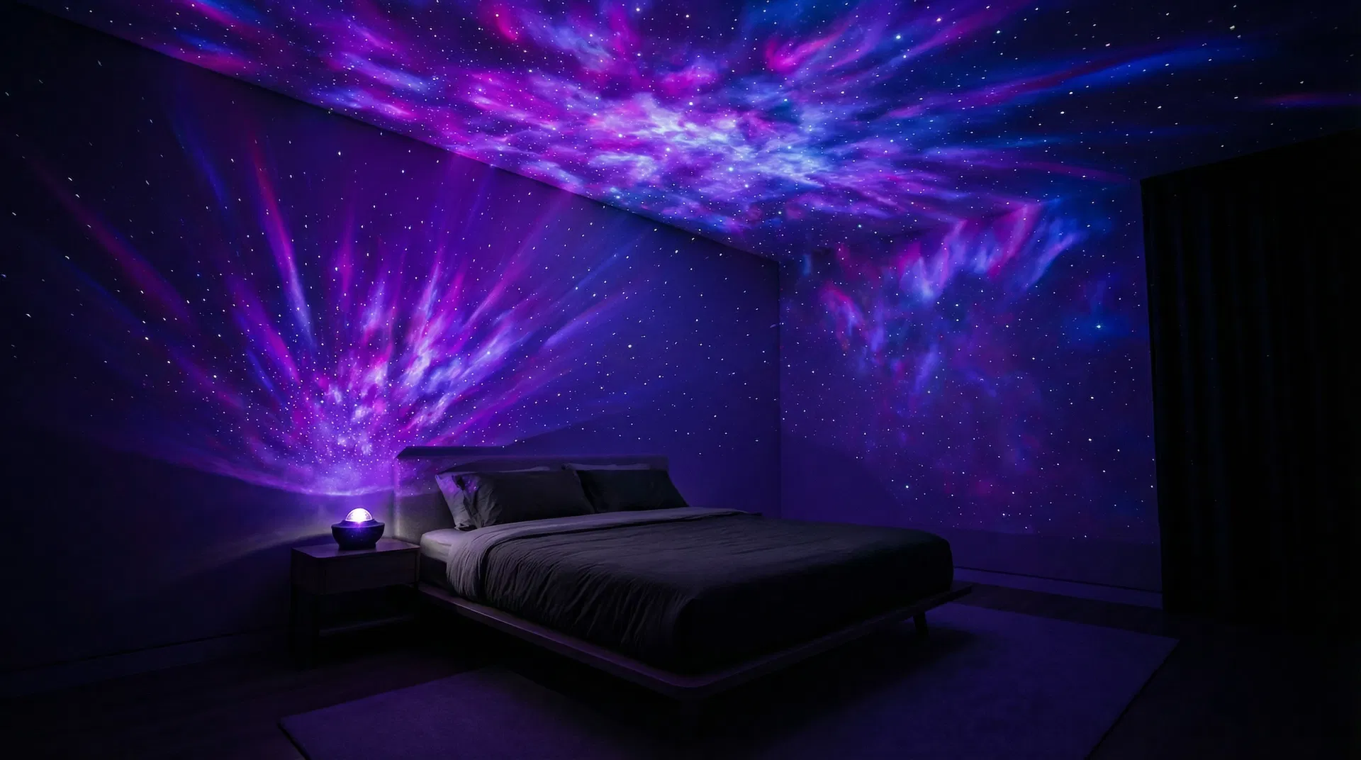 Galaxy projector transforming a bedroom