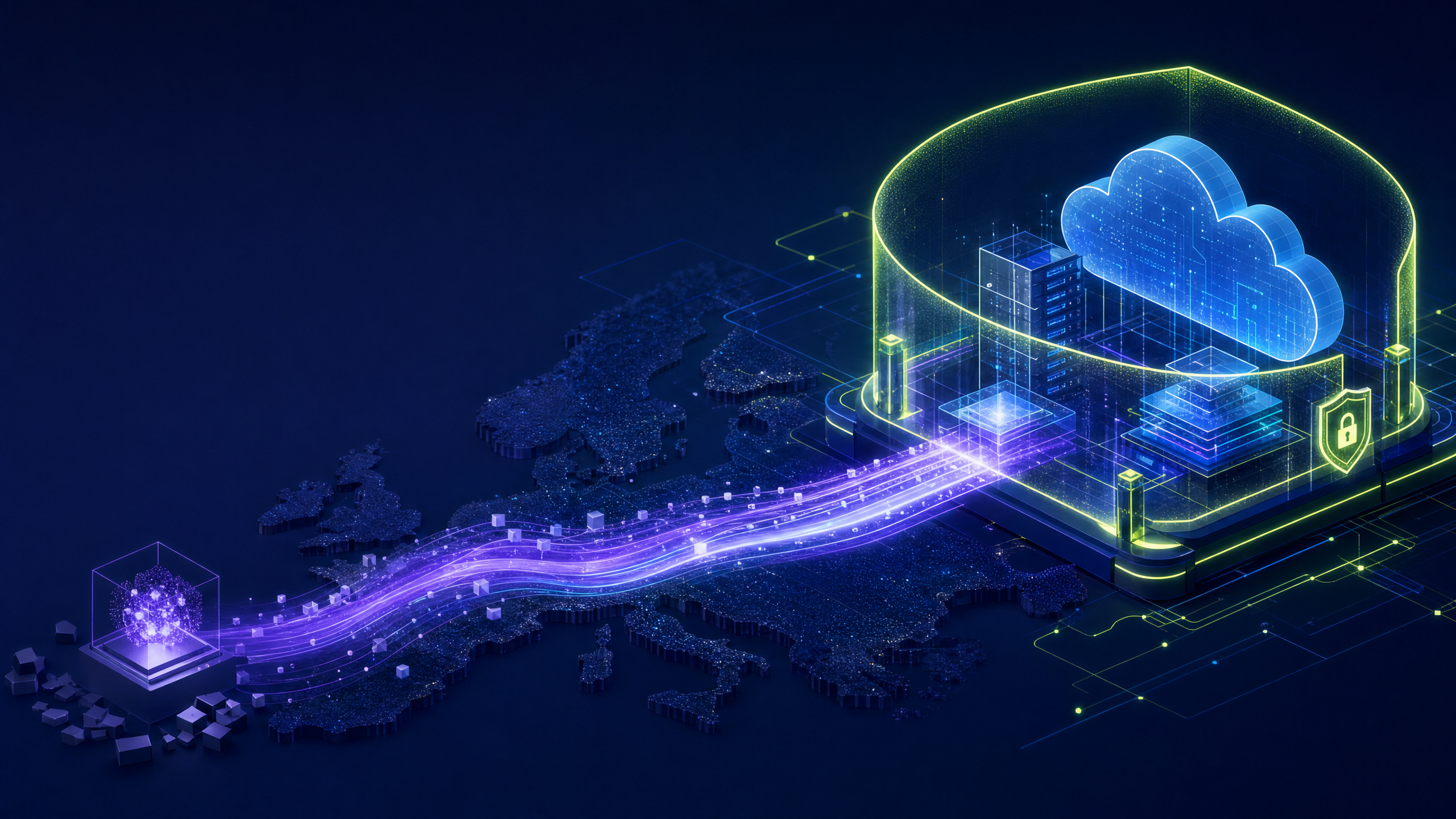 A controlled AI pilot progressing across Europe into a secure production cloud environment, rendered in Insight 42’s navy, violet and lime visual language.