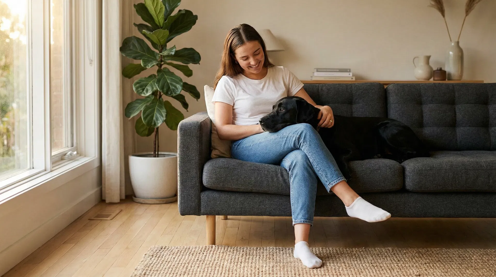 Young woman with her black labrador