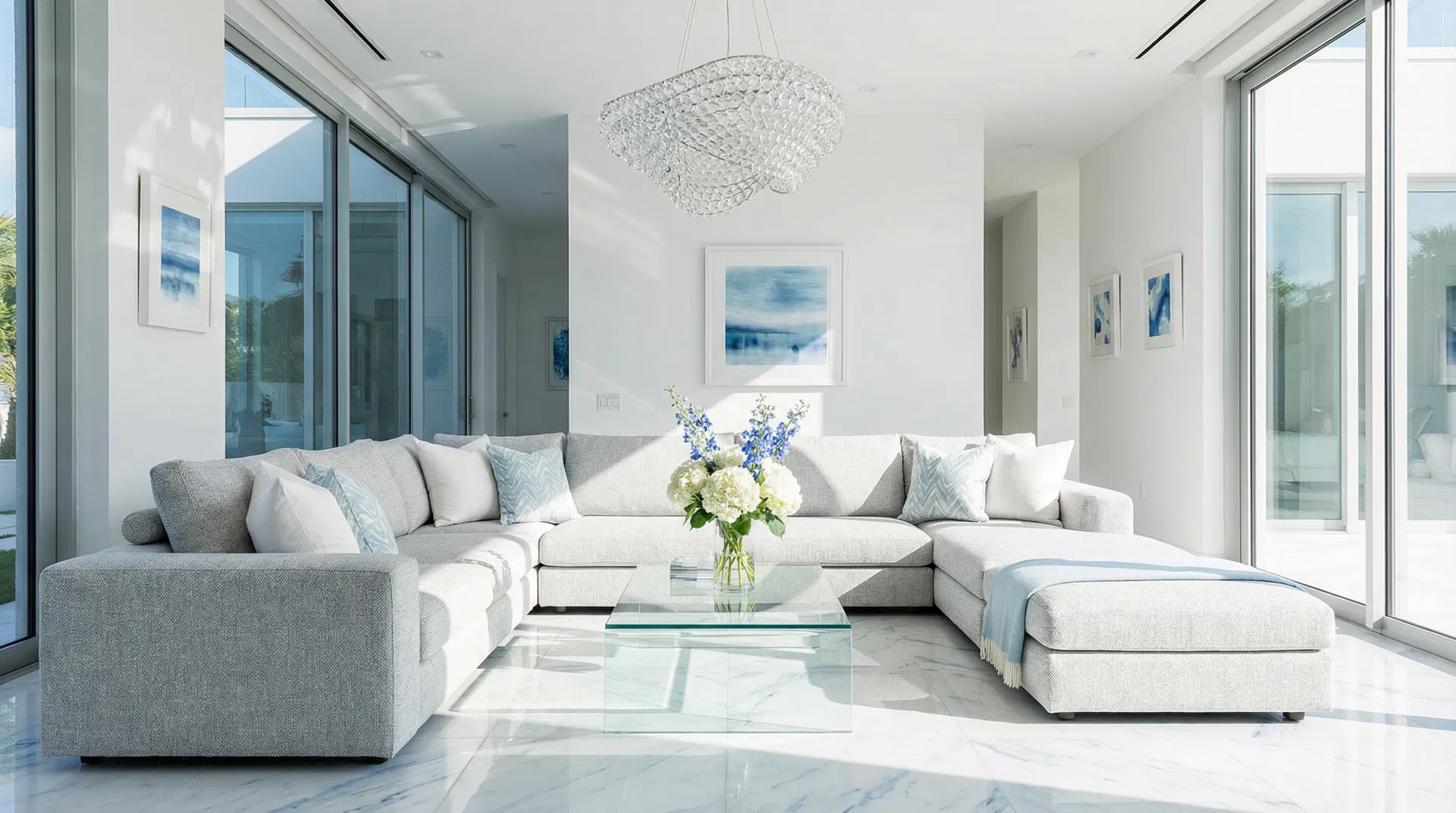 Modern living room with luxury L-shaped sofa at TBC Perabot Kota Bharu