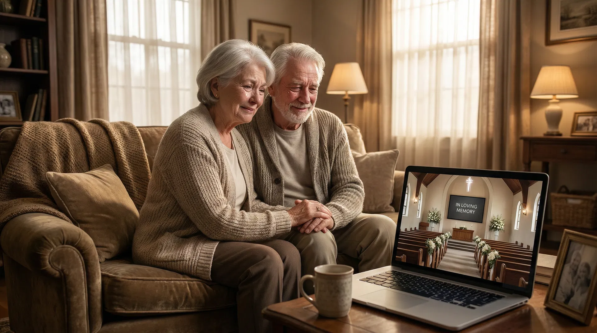 Family watching a funeral livestream from home