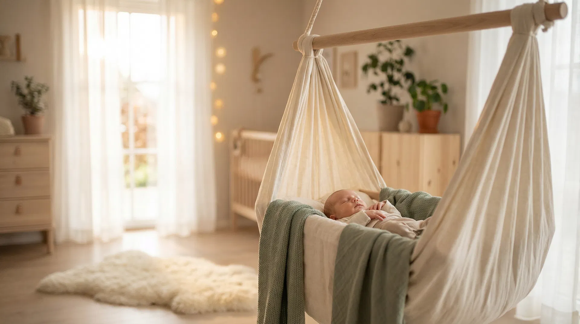 Sovende baby i slyngevugge i skandinavisk børneværelse