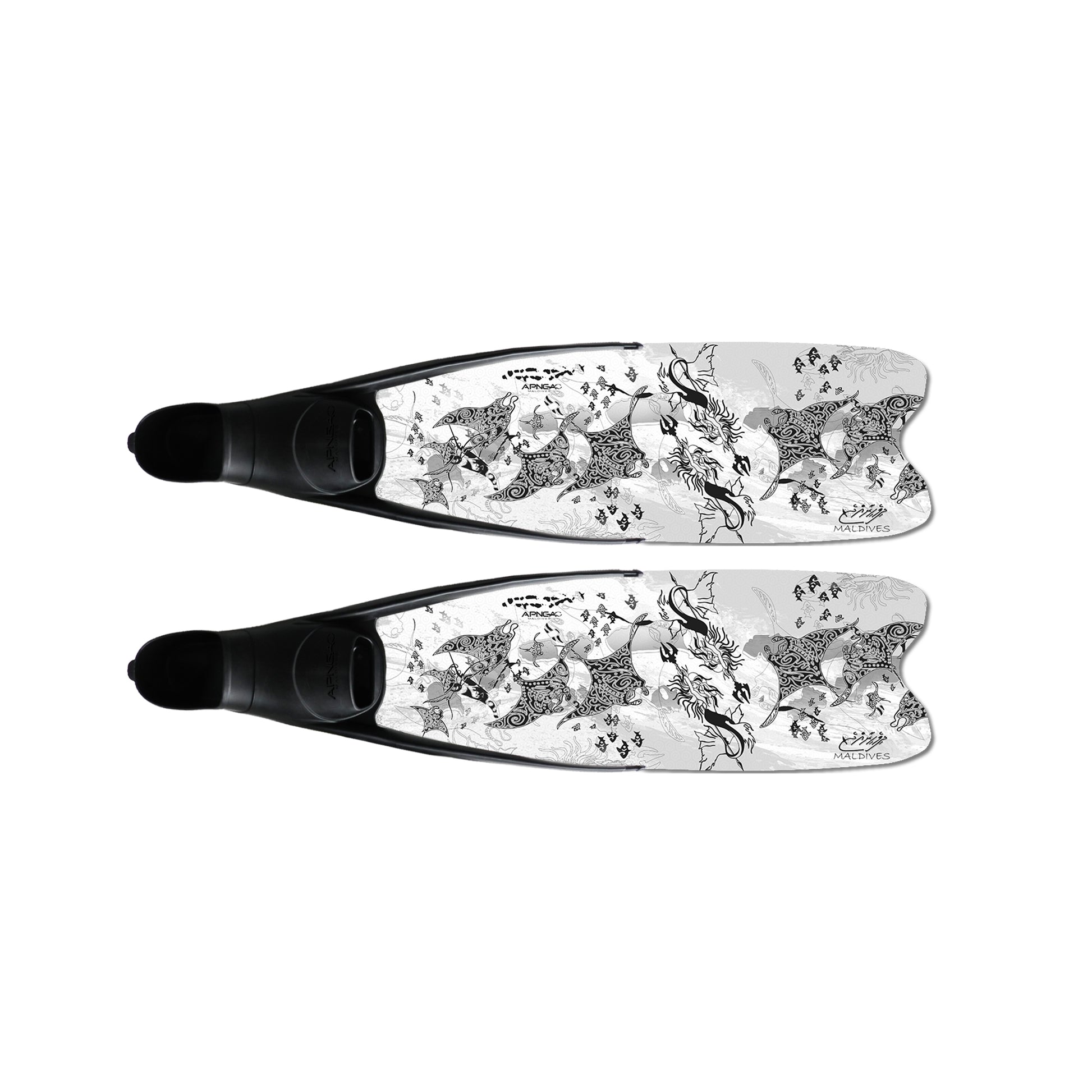 Apnea Fins Minimal Rays — Manta ray artwork on white plastic blade
