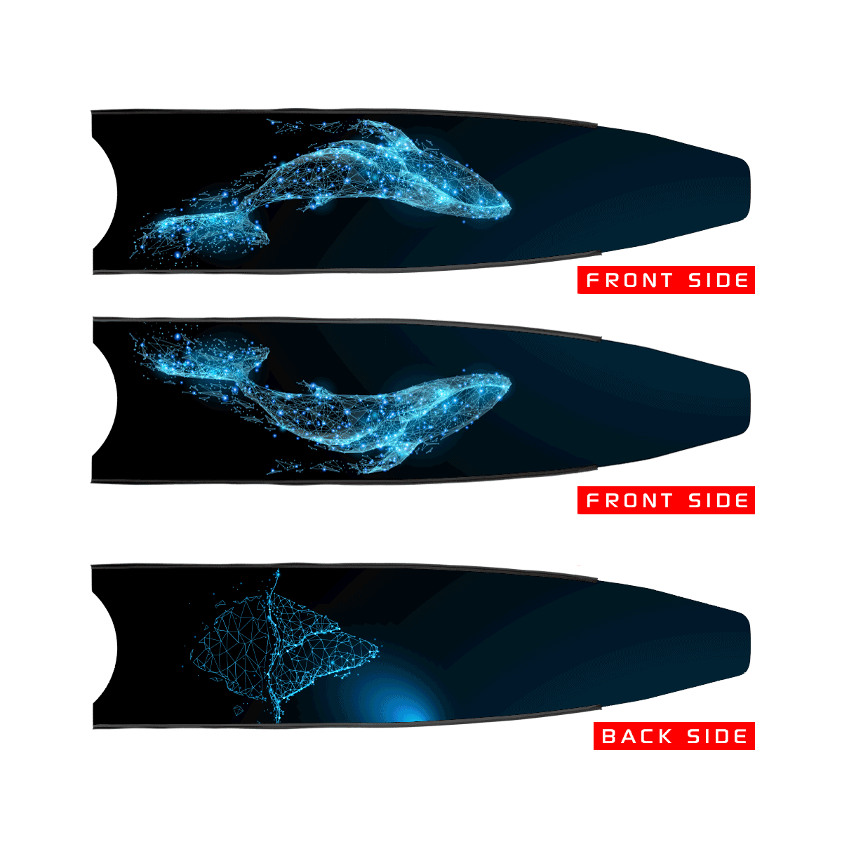Leaderfins Limited Edition Creature — Glowing blue creature artwork on dark carbon blade