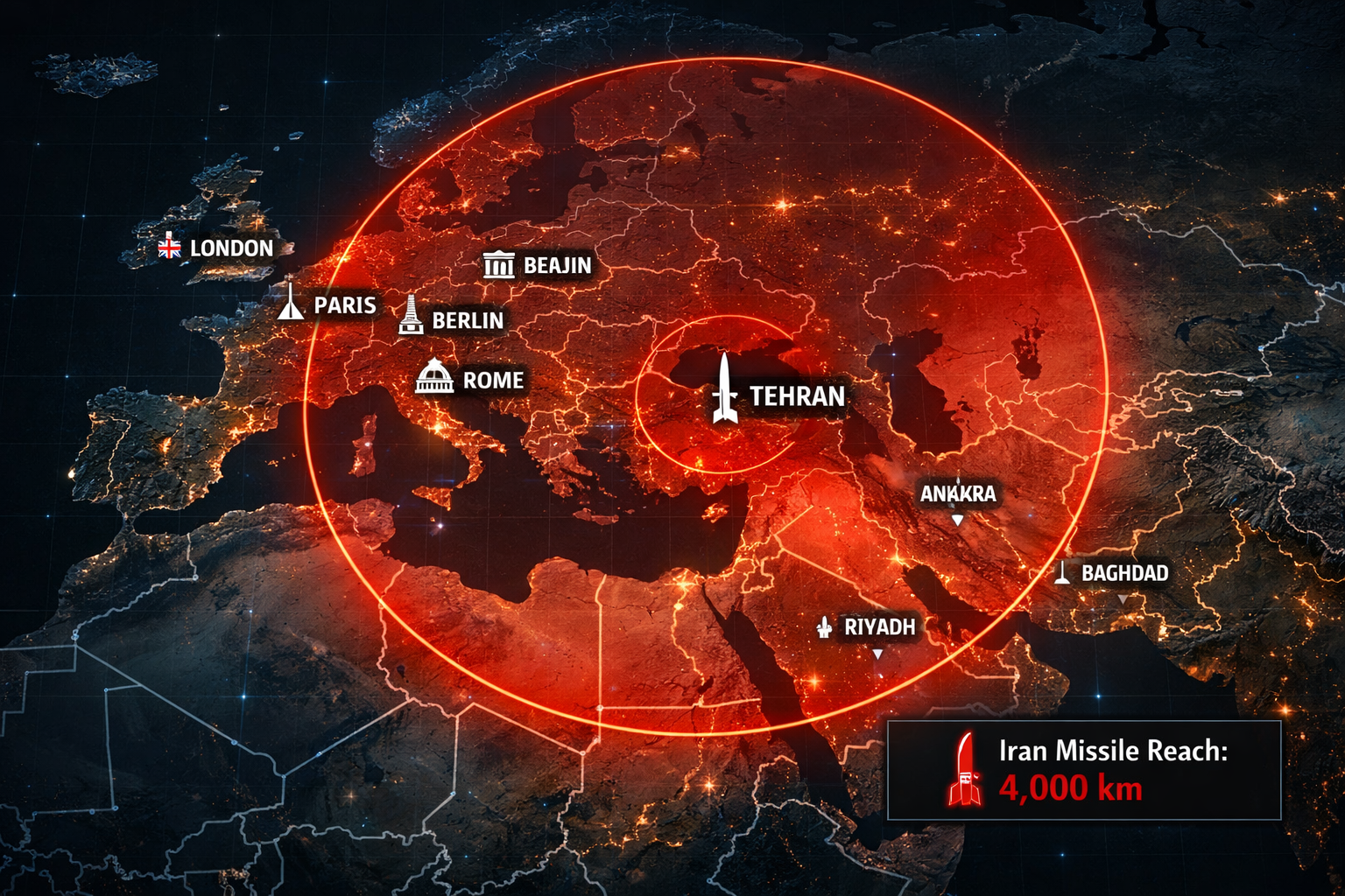 A strategic military map of Europe and the Middle East showing a 4,000 km radius from Iran.