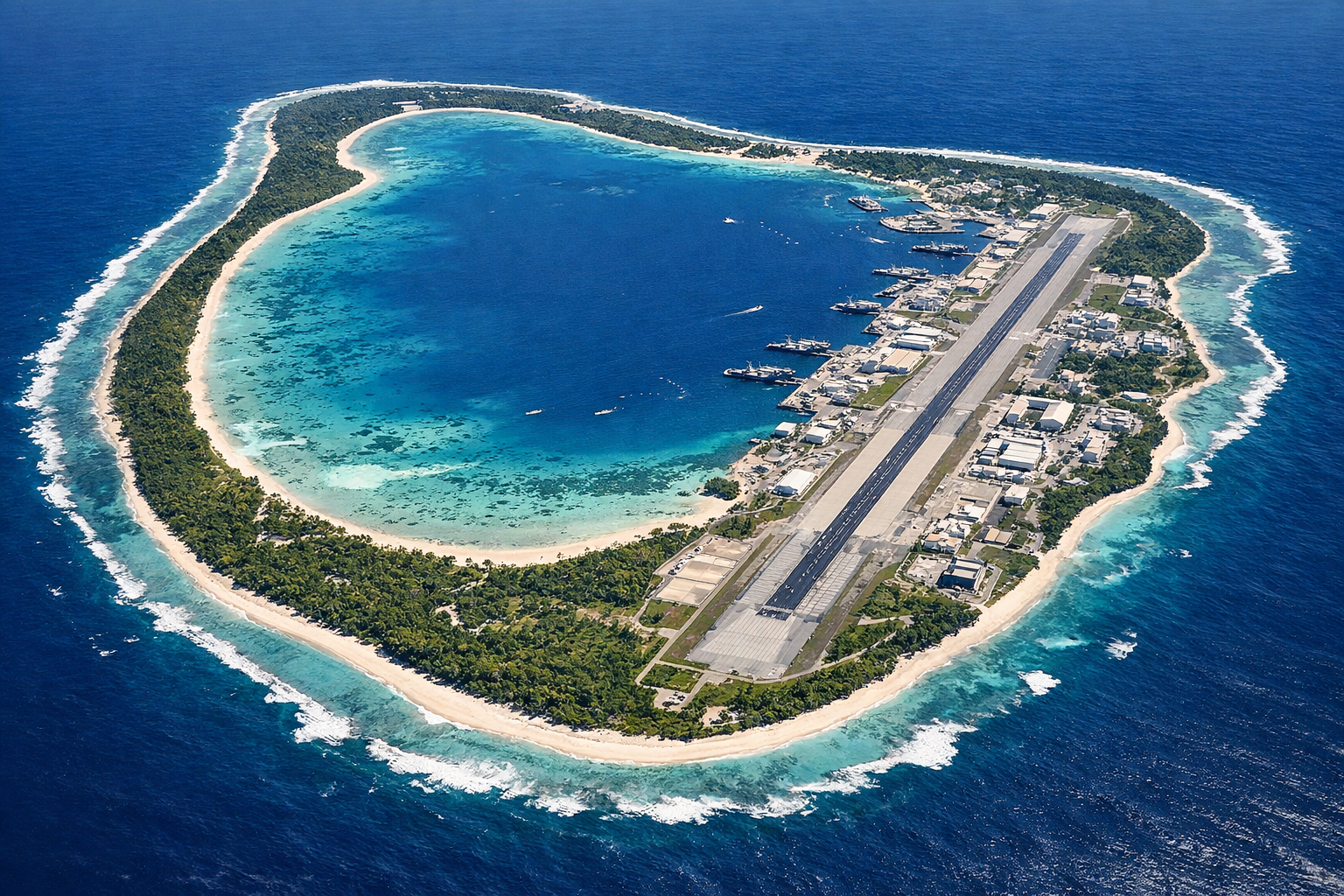 A high-altitude, cinematic aerial view of the Diego Garcia atoll in the Indian Ocean.
