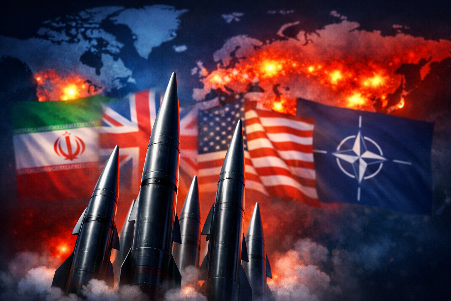 A conceptual illustration representing global geopolitical tension with missiles and international flags.