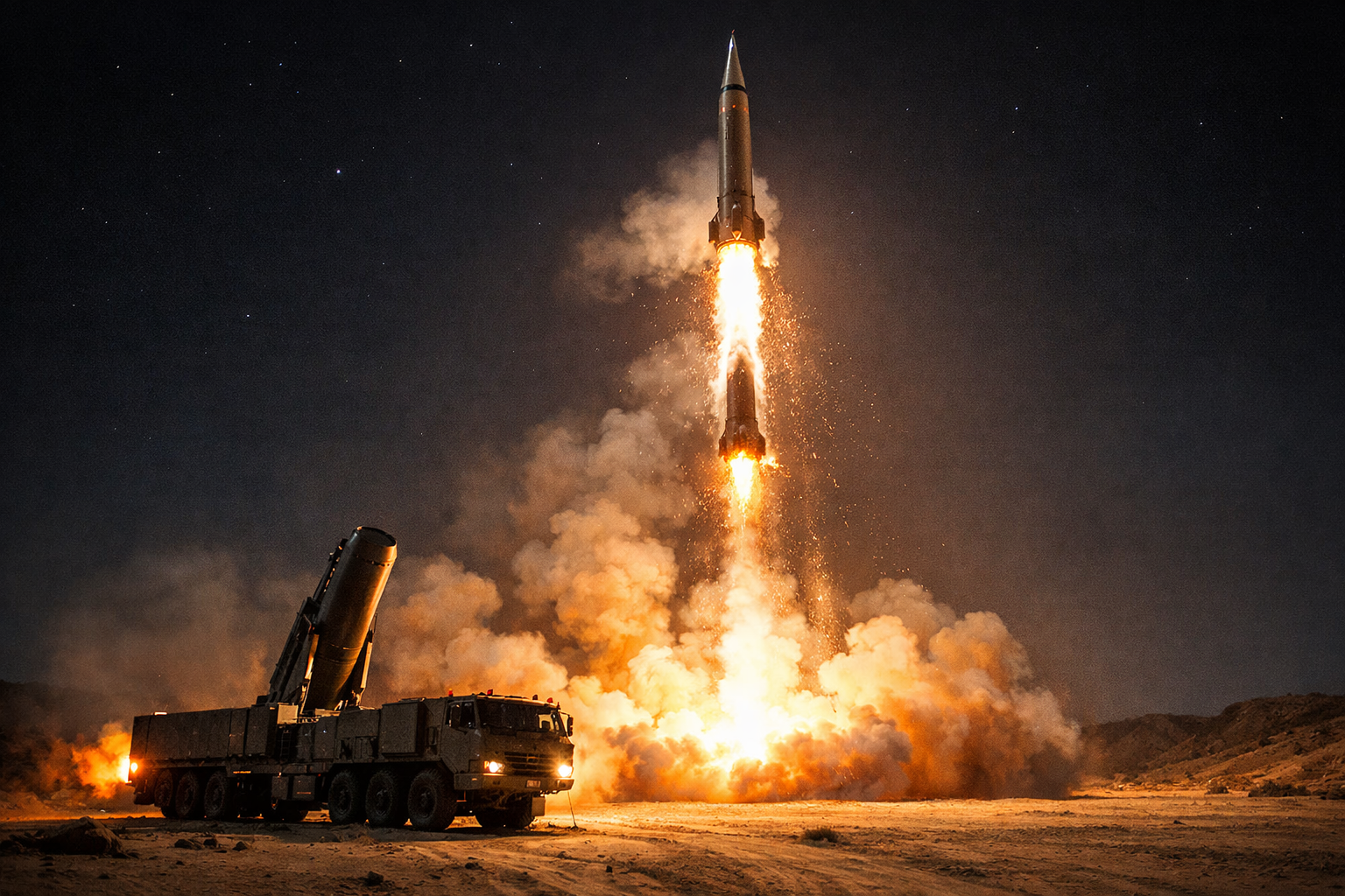 A dramatic, high-resolution night-time photograph of a large, multi-stage ballistic missile launching from a desert site in Iran.