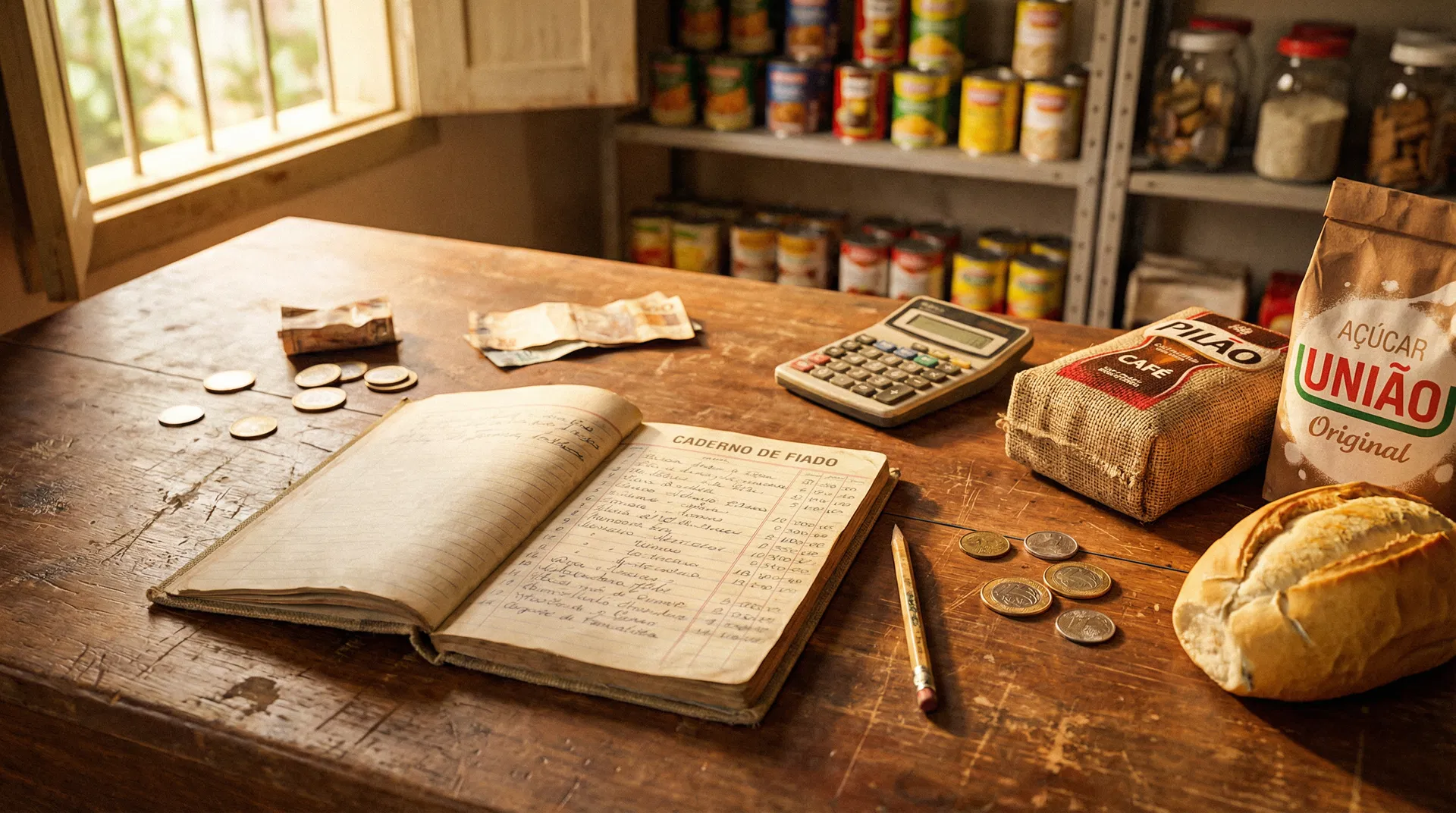 Caderno de fiado sobre balcão de mercadinho
