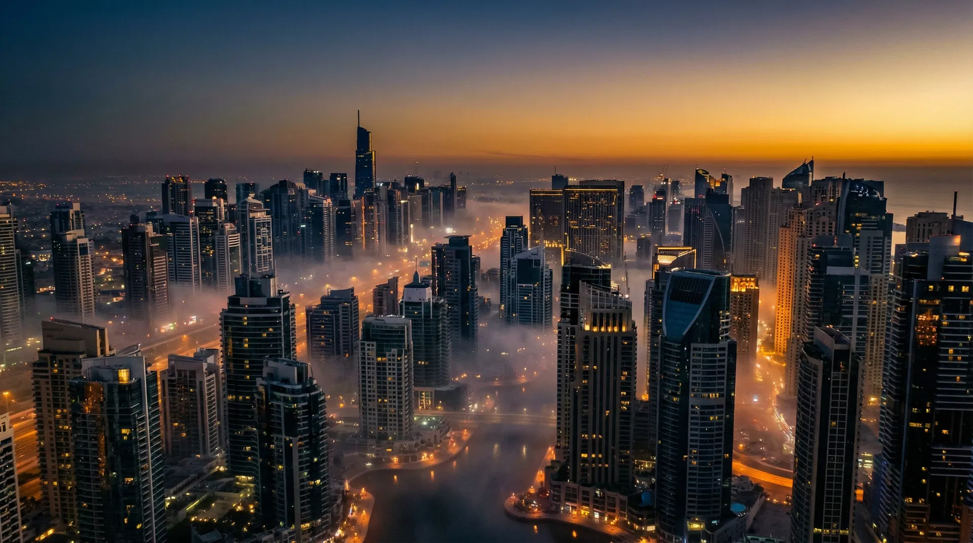 Modern city skyline at dusk